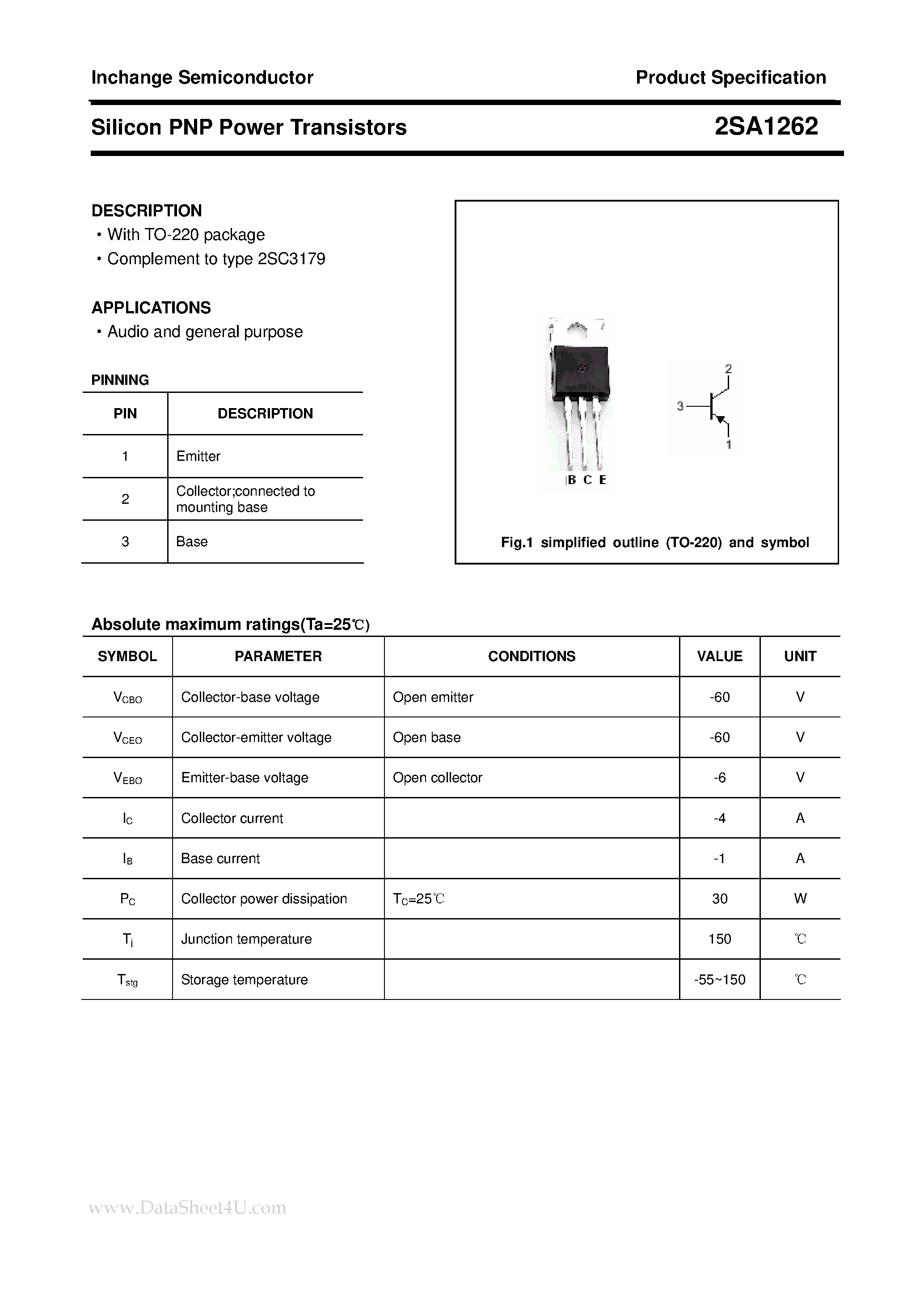 Datasheet 2SA1262 - POWER TRANSISTOR page 1