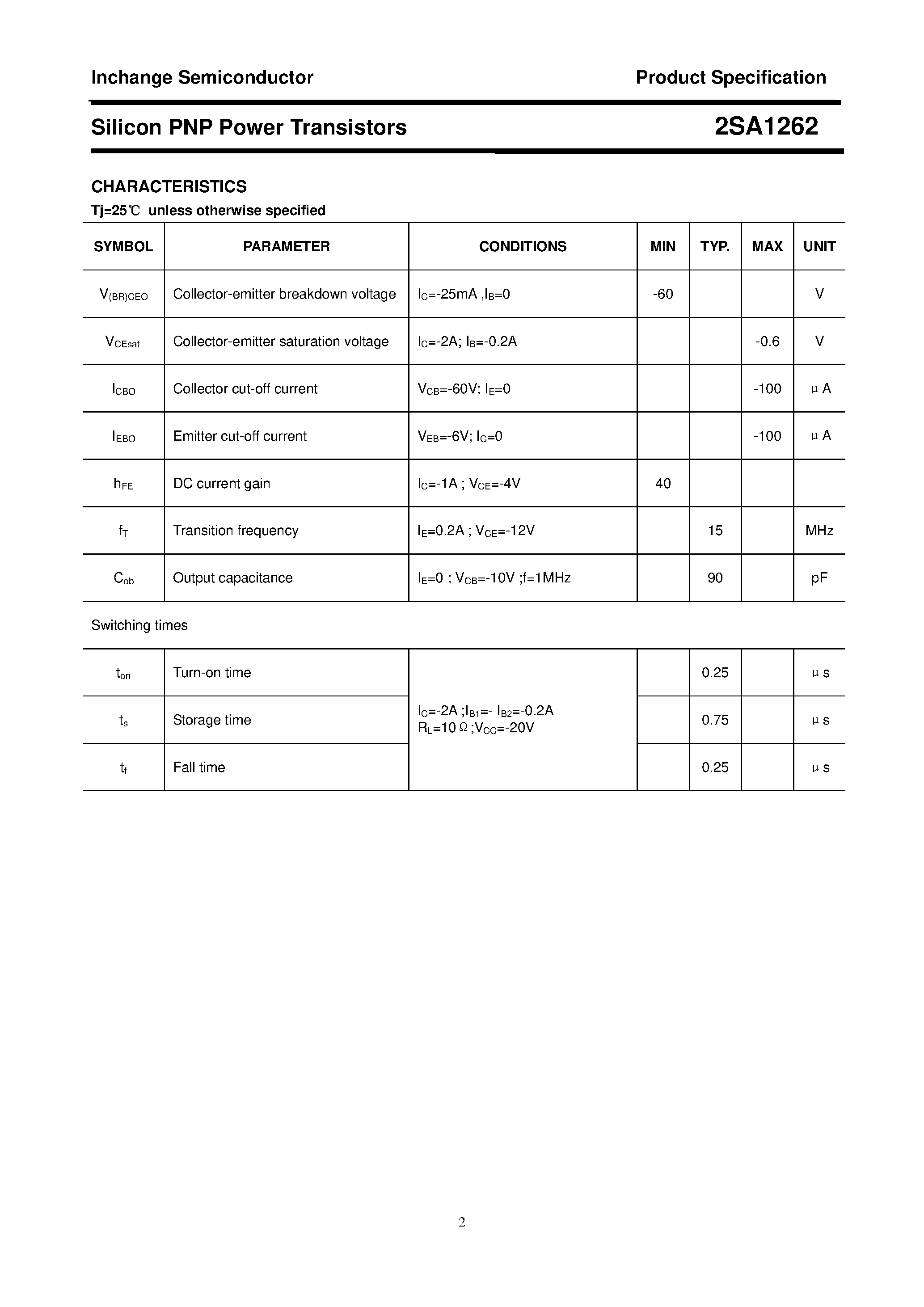 Datasheet 2SA1262 - POWER TRANSISTOR page 2