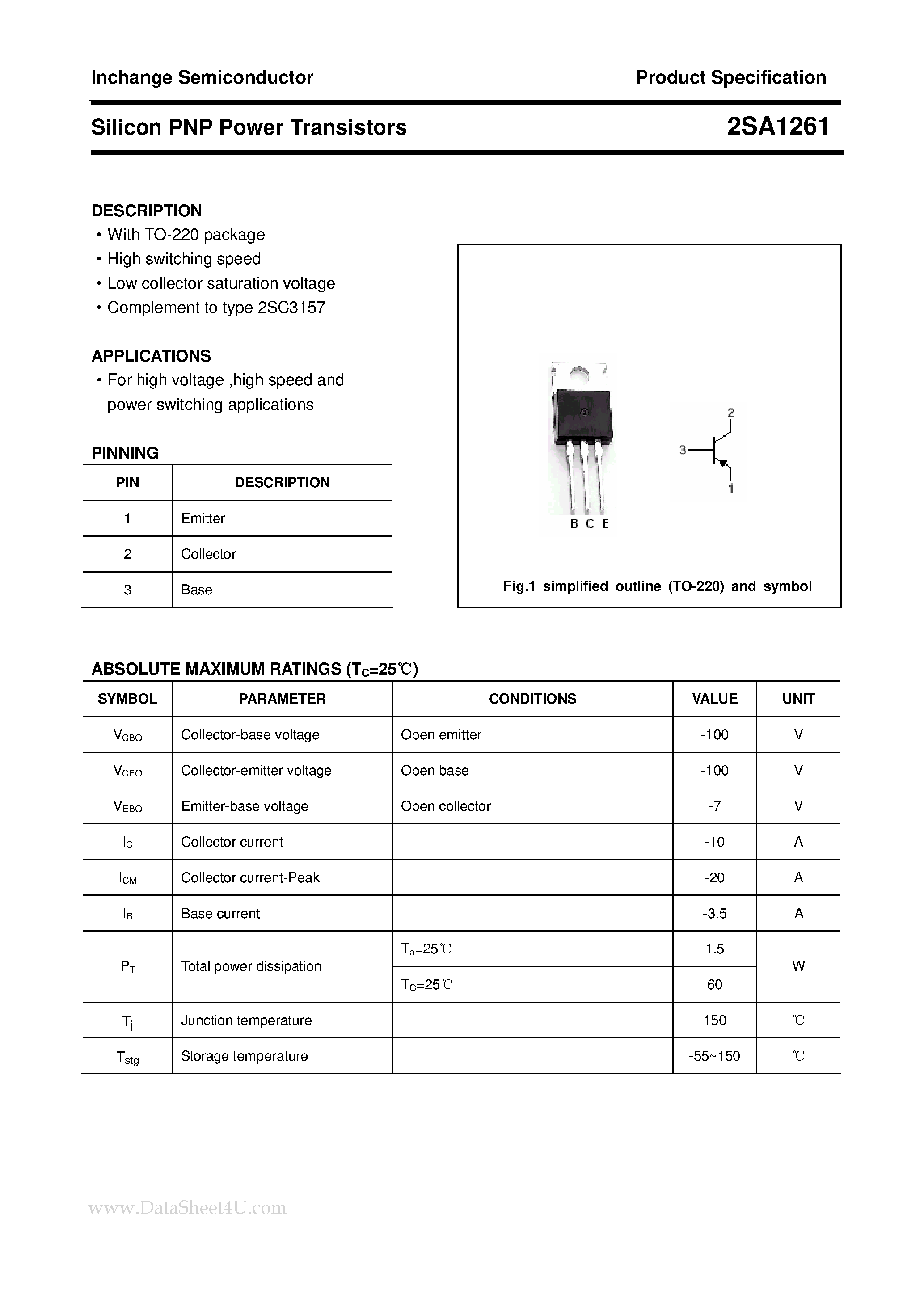 Datasheet 2SA1261 - POWER TRANSISTOR page 1