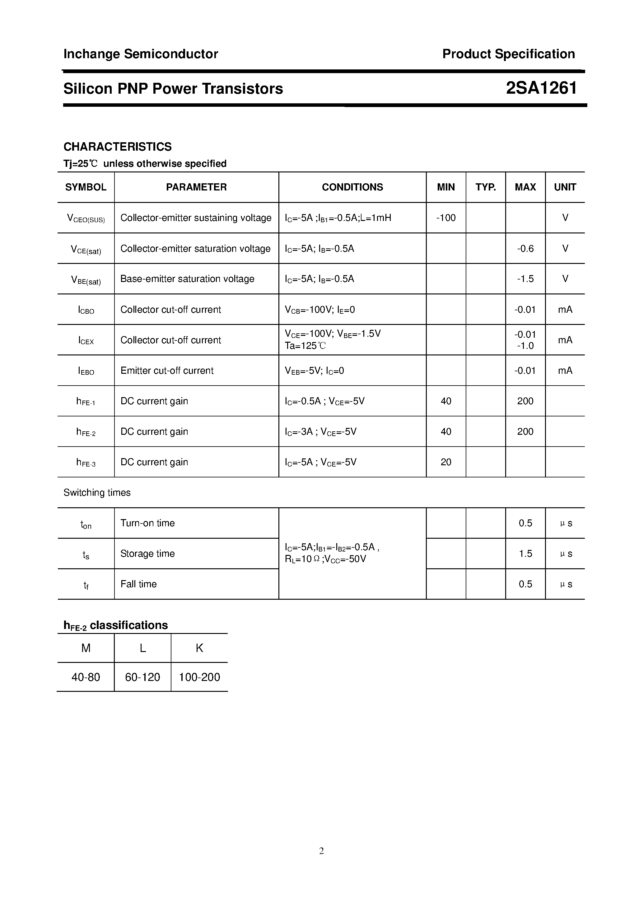 Datasheet 2SA1261 - POWER TRANSISTOR page 2