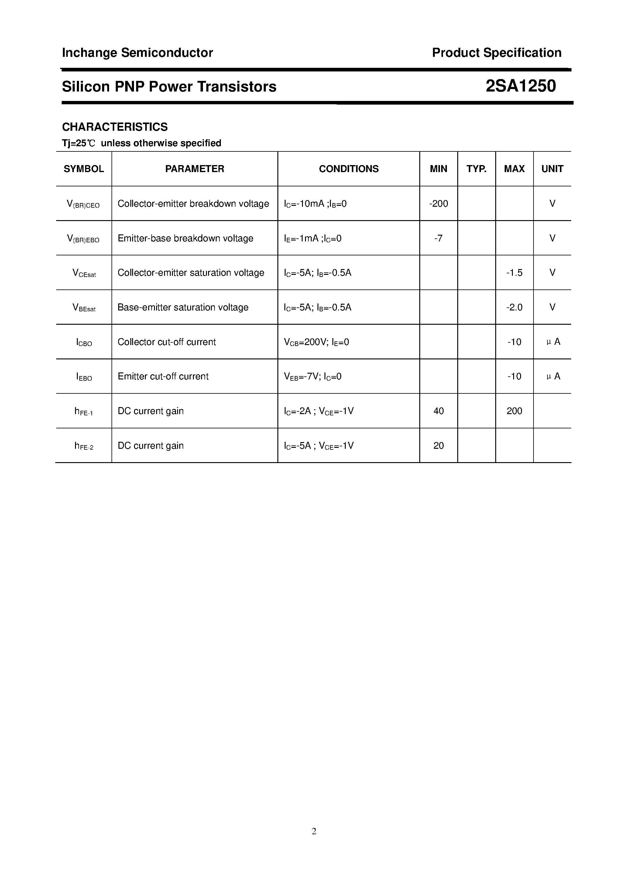Datasheet 2SA1250 page 2 Datasheet 2SA1250 - POWER TRANSISTOR page 2