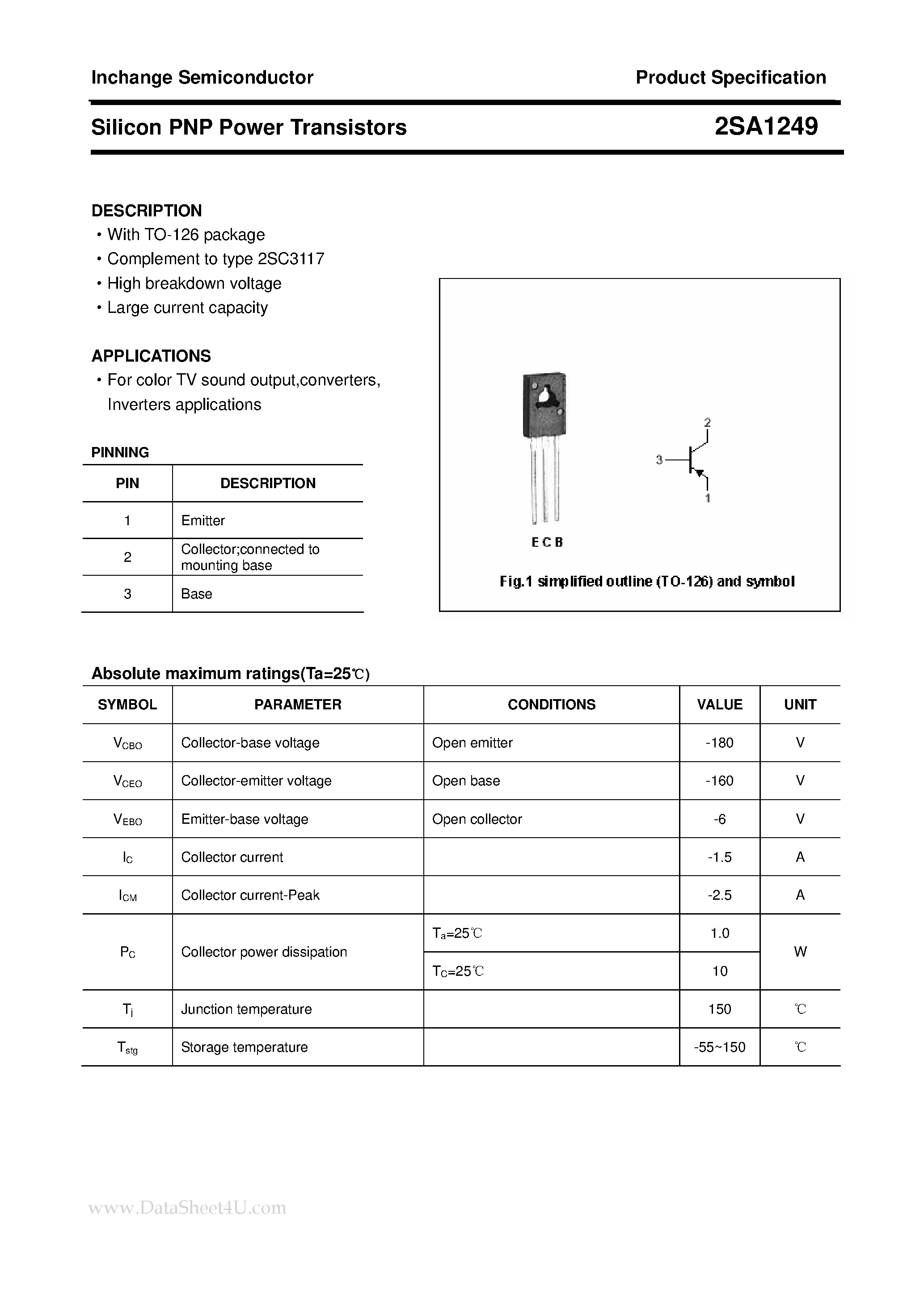Datasheet 2SA1249 page 1 Datasheet 2SA1249 - POWER TRANSISTOR page 1