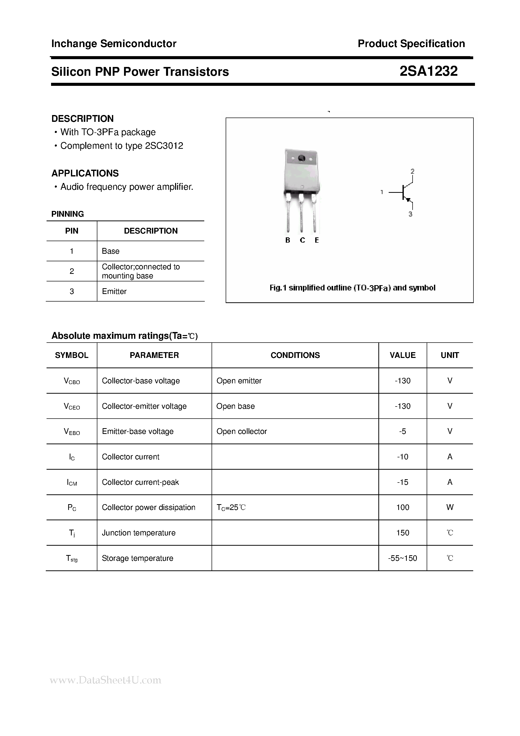 Datasheet 2SA1232 page 1 Datasheet 2SA1232 - POWER TRANSISTOR page 1