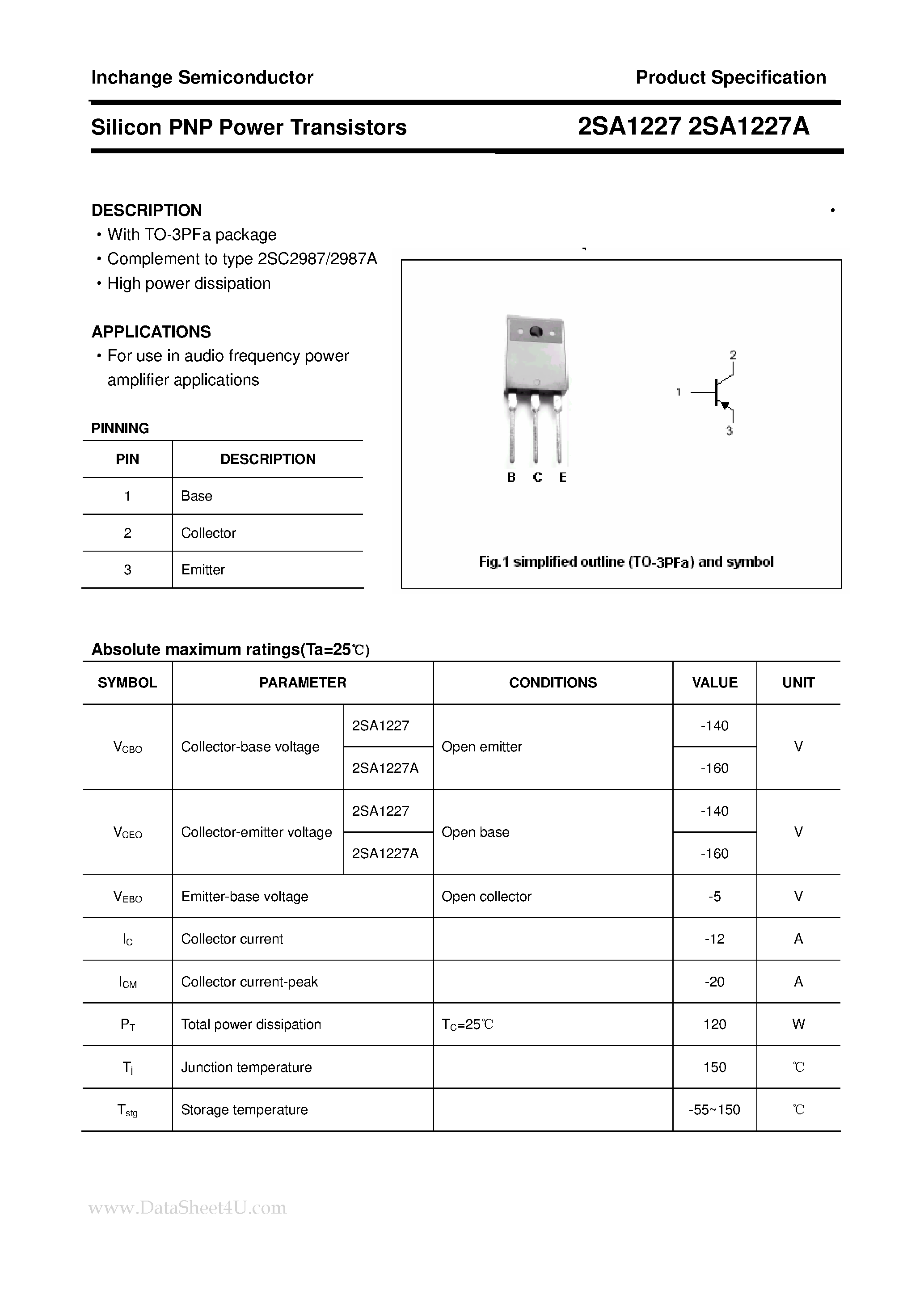 Datasheet 2SA1227A page 1 Datasheet 2SA1227A - POWER TRANSISTOR page 1