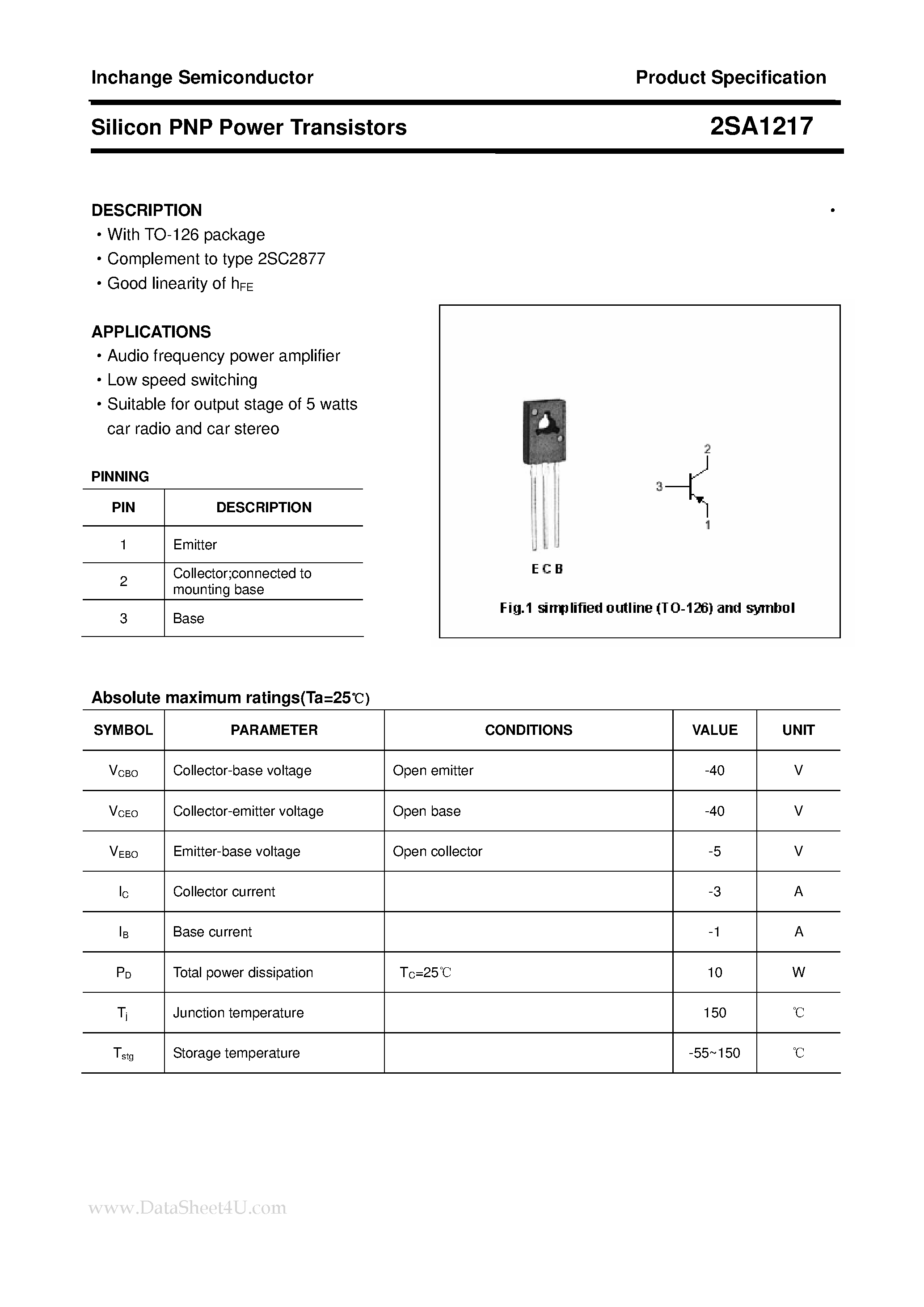 Datasheet 2SA1217 - POWER TRANSISTOR page 1