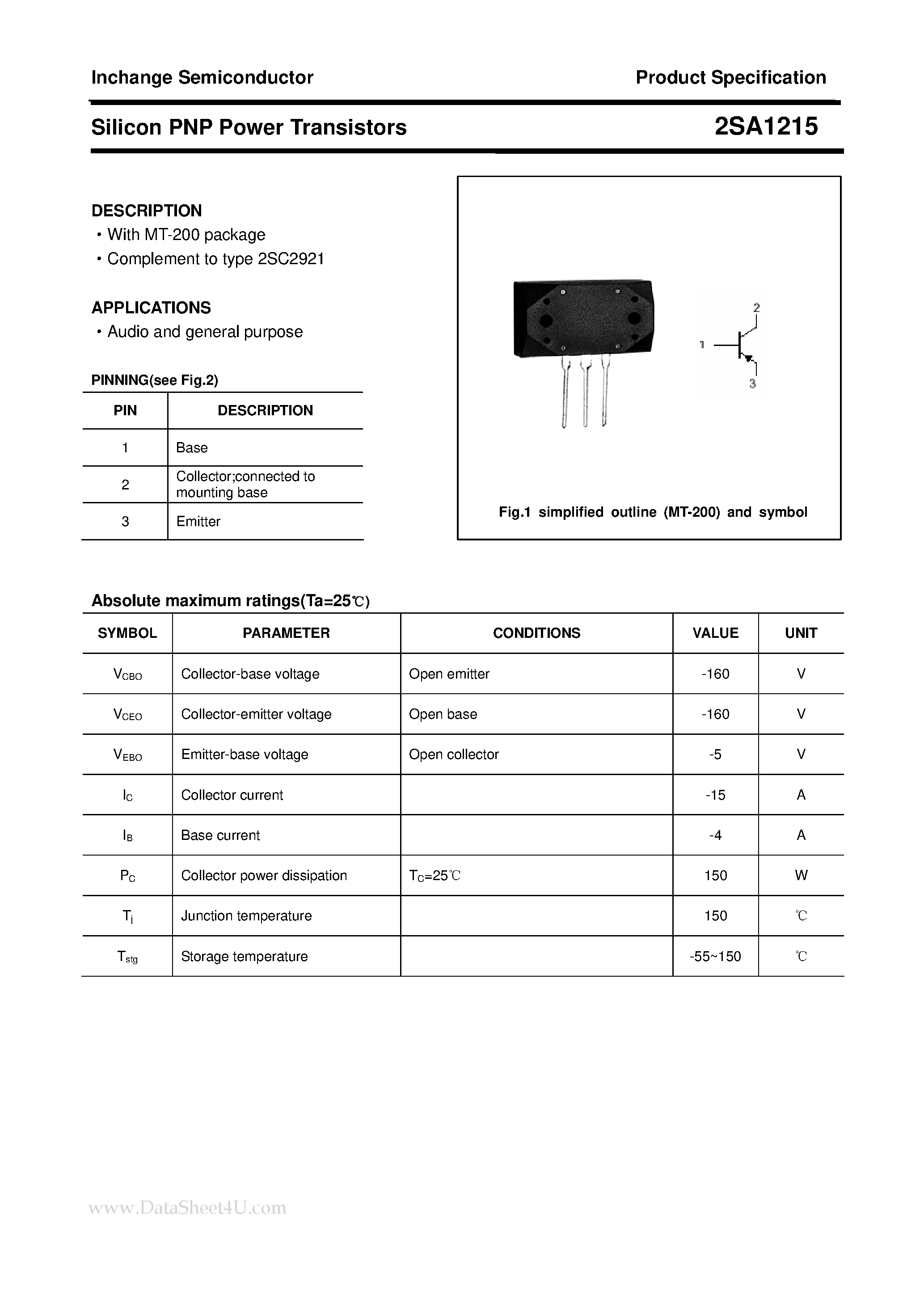 Datasheet 2SA1215 - POWER TRANSISTOR page 1