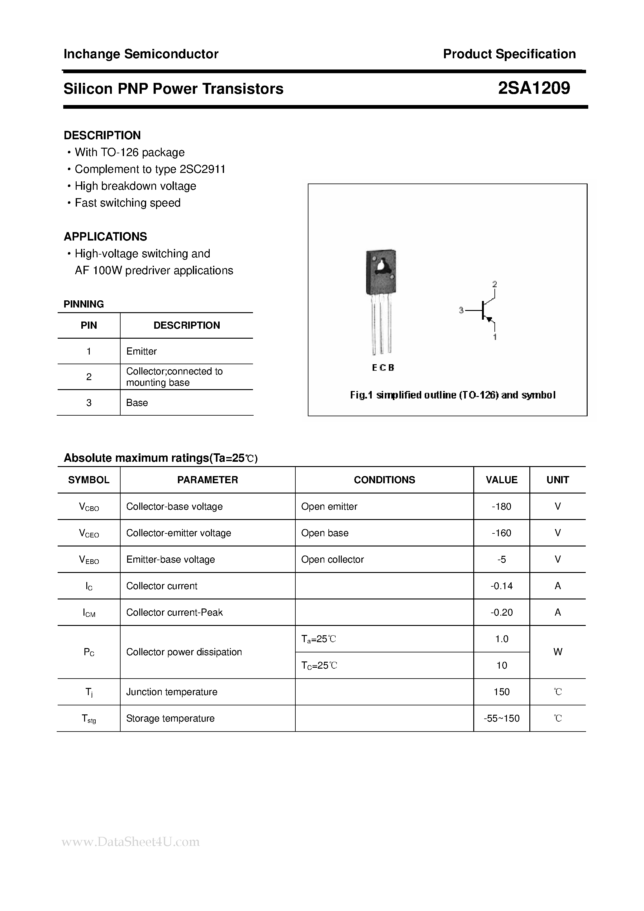 Datasheet 2SA1209 - POWER TRANSISTOR page 1