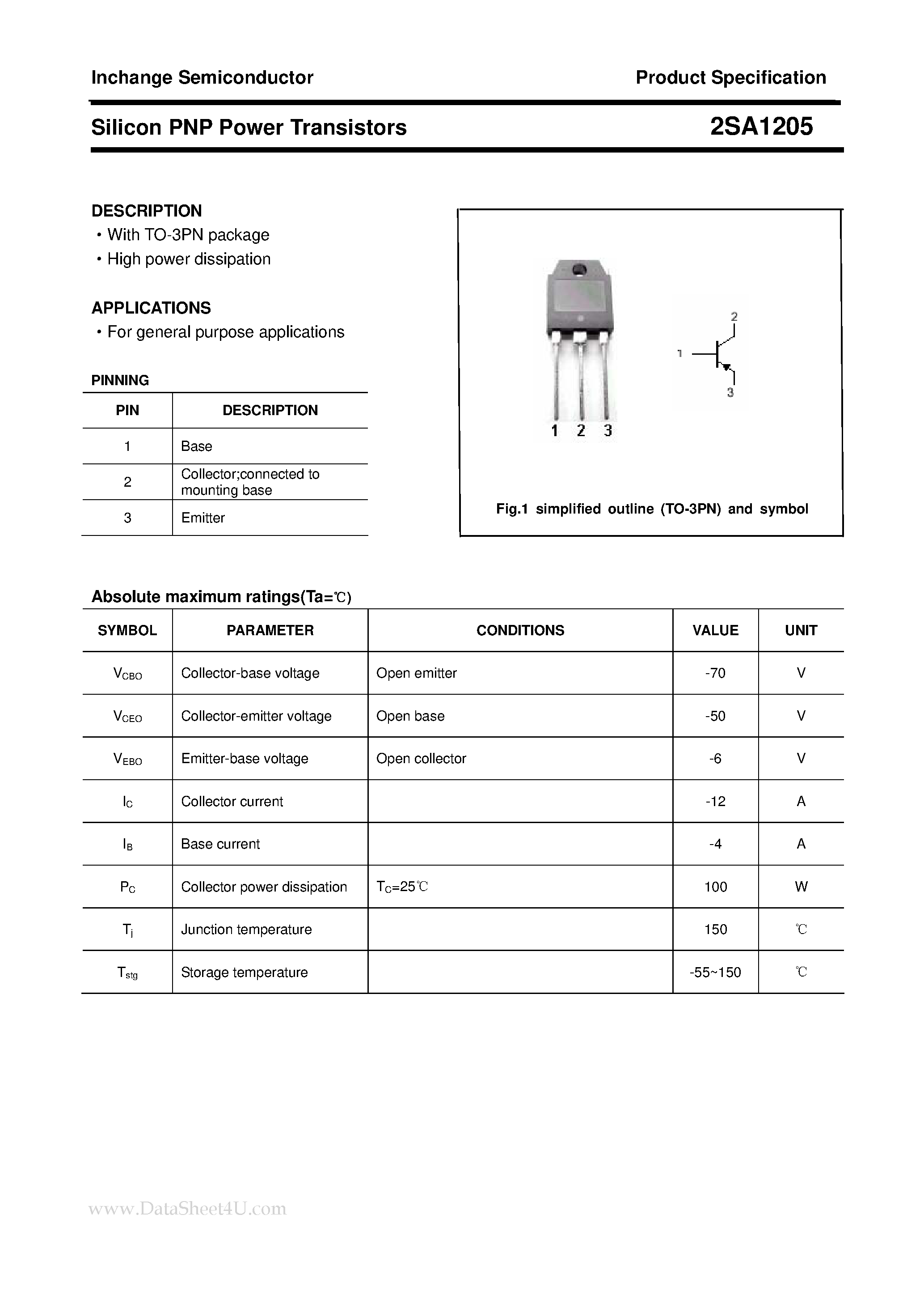 Datasheet 2SA1205 - POWER TRANSISTOR page 1