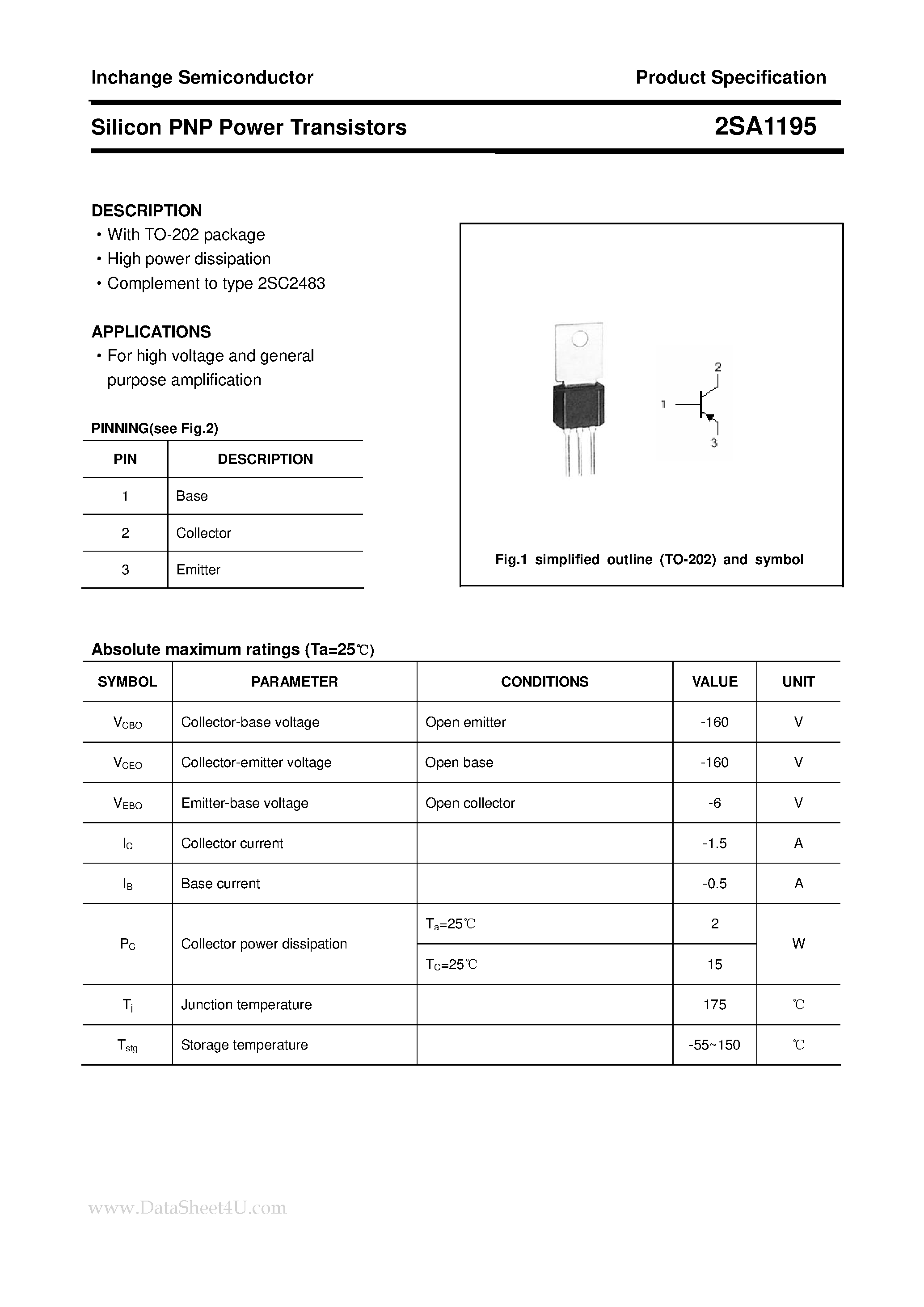Datasheet 2SA1195 - POWER TRANSISTOR page 1
