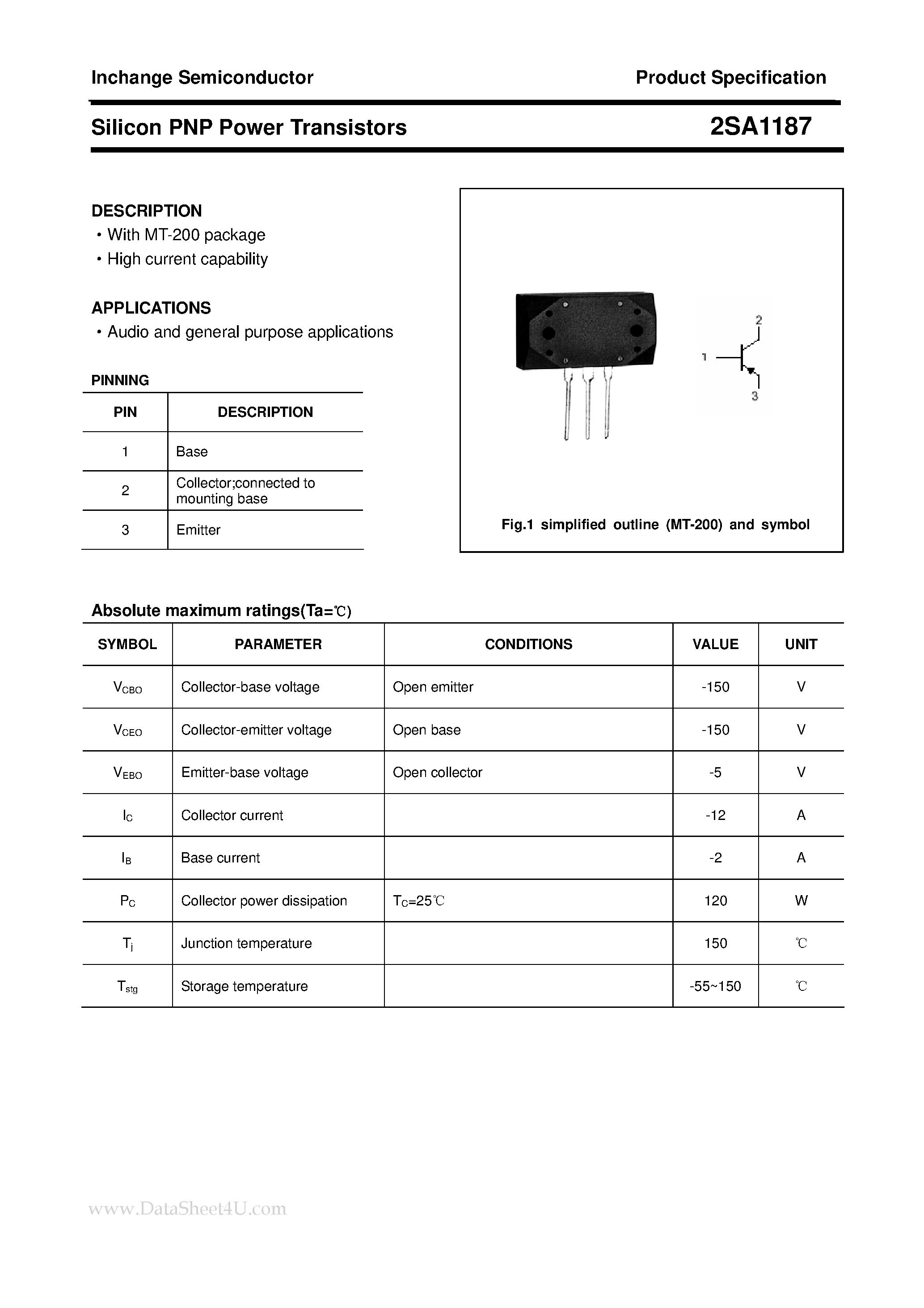 Datasheet 2SA1187 - POWER TRANSISTOR page 1