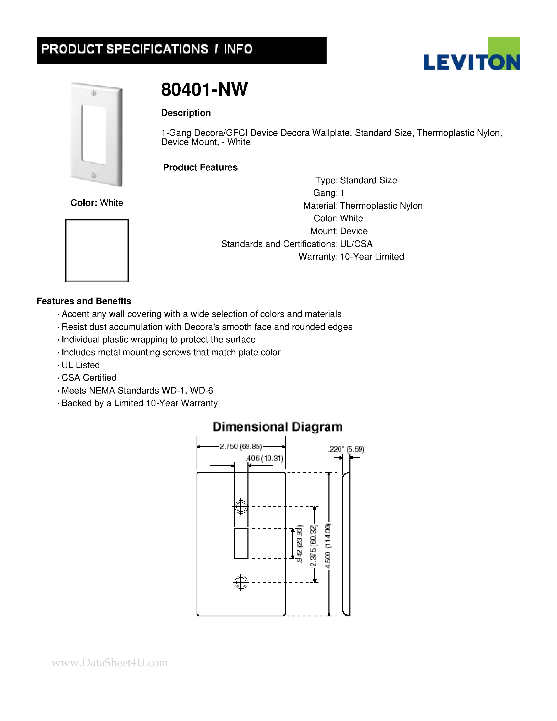 Даташит на микросхему 80401-NW страница 1 Даташит 80401-NW - 1-Gang Decora/GFCI Device Decora Wallplate страница 1