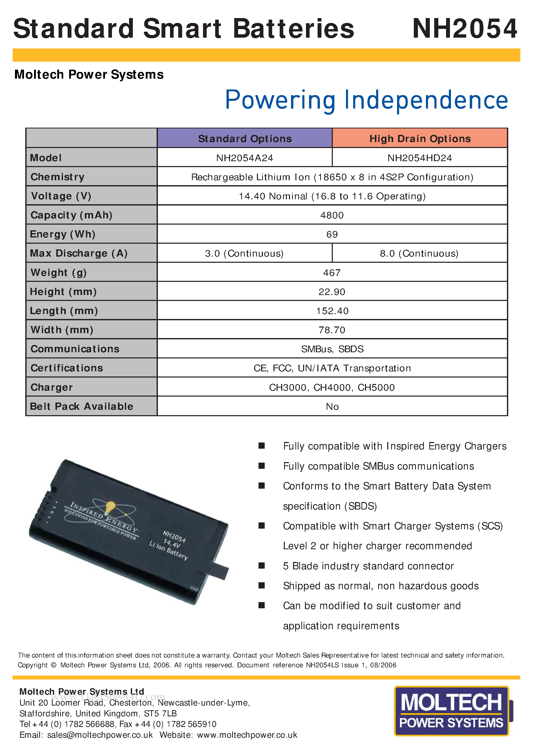 Datasheet NH2054 - Standard Smart Batteries page 1