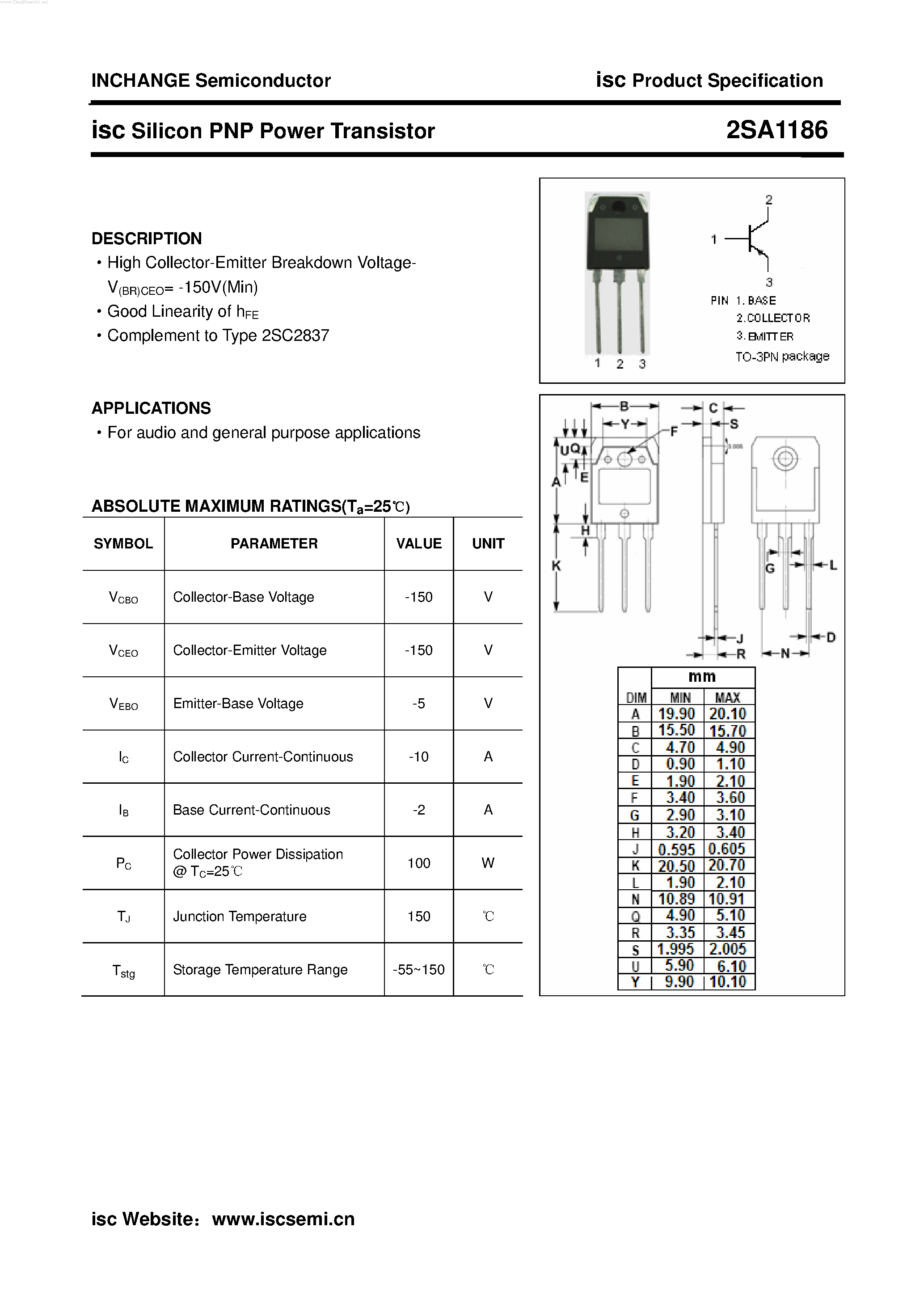 Datasheet 2SA1186 - POWER TRANSISTOR page 1