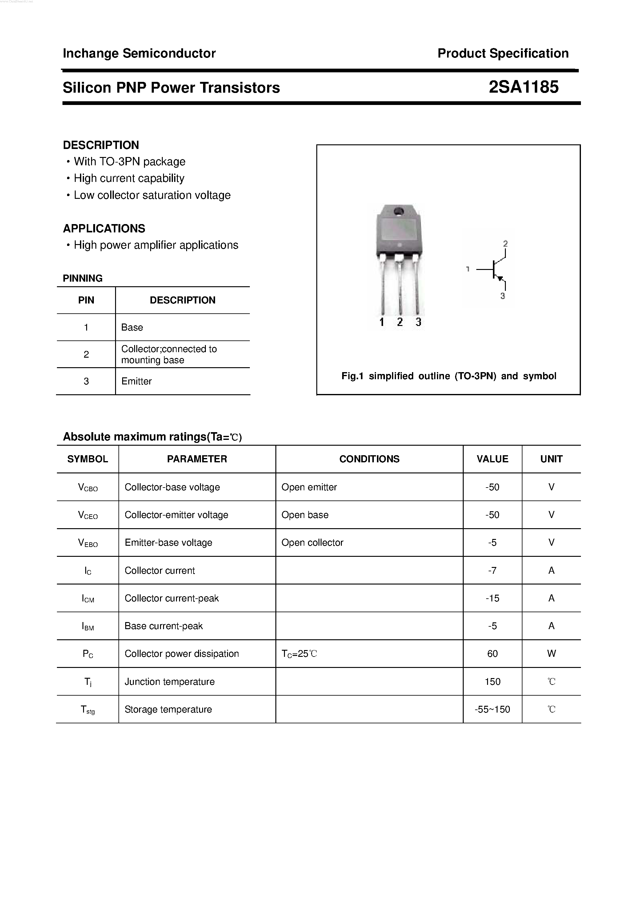 Datasheet 2SA1185 - POWER TRANSISTOR page 1