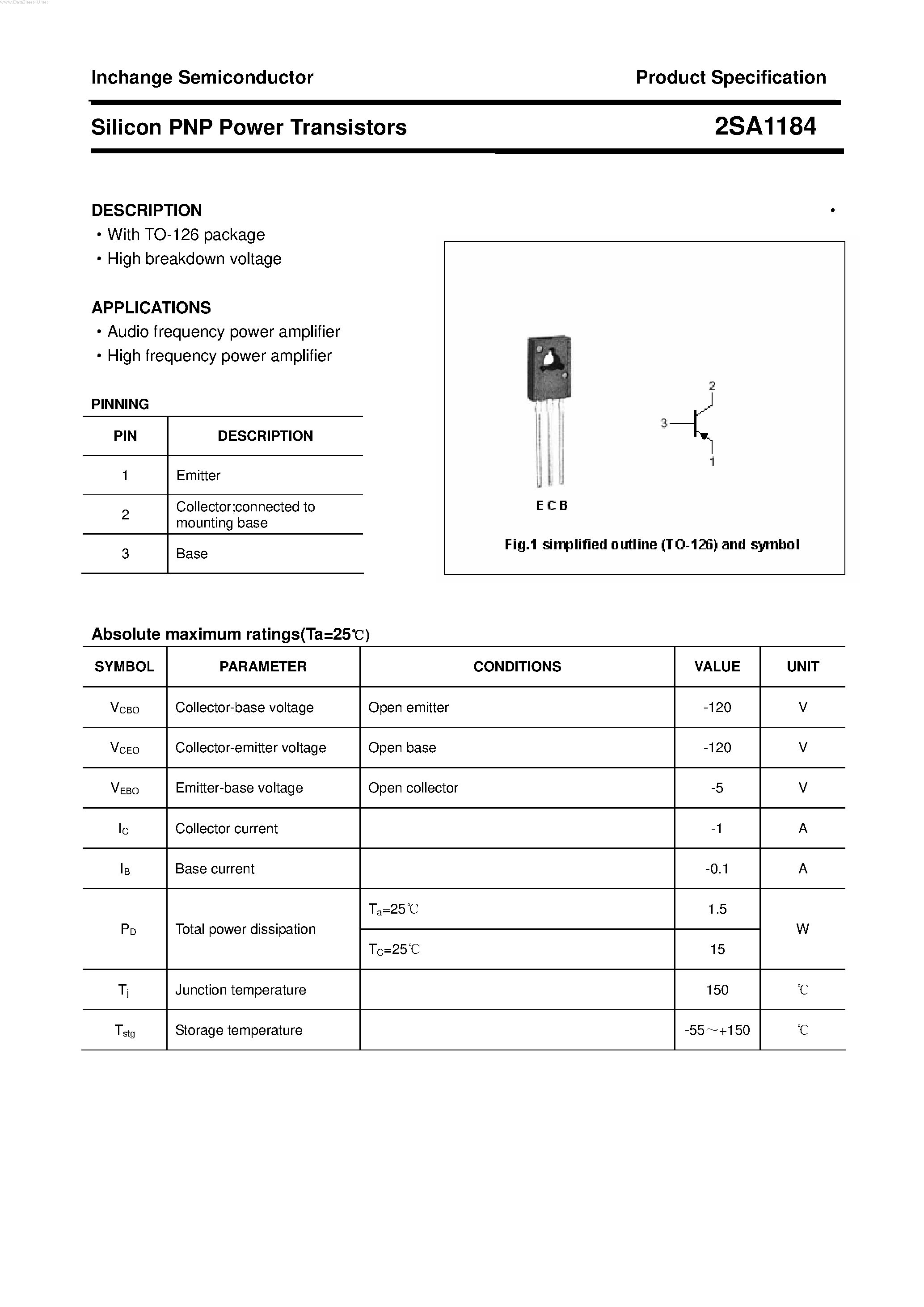 Datasheet 2SA1184 - POWER TRANSISTOR page 1