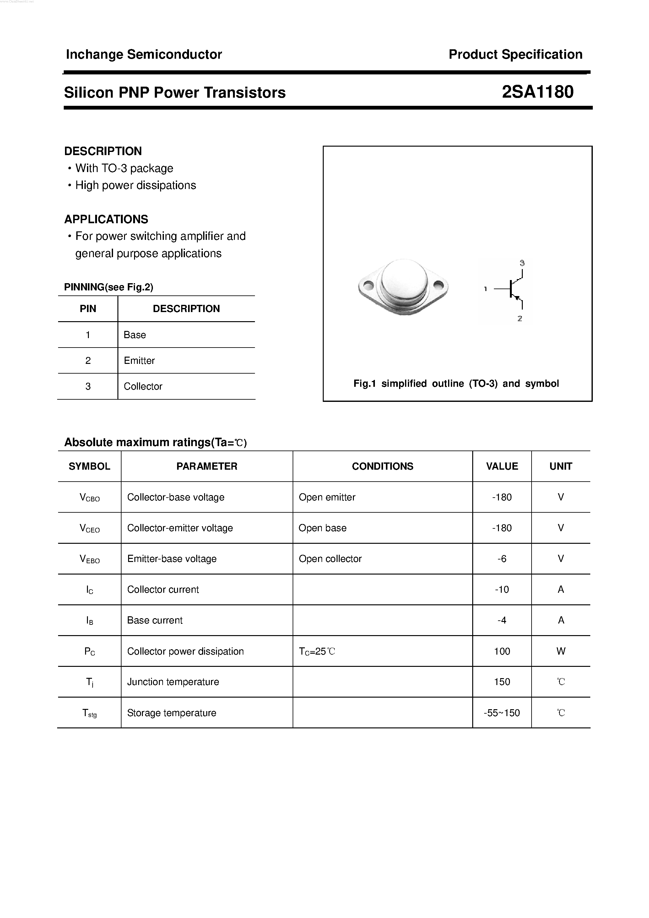 Datasheet 2SA1180 - POWER TRANSISTOR page 1