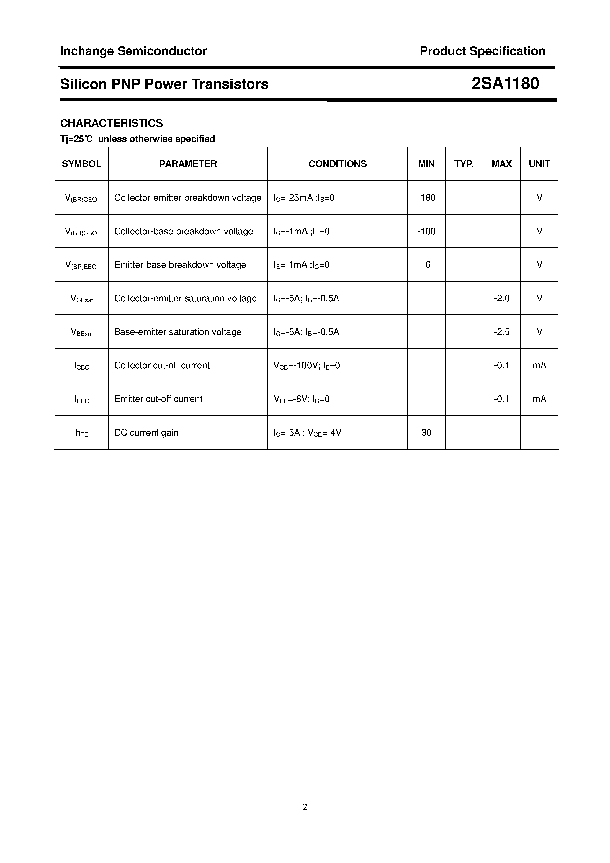Datasheet 2SA1180 - POWER TRANSISTOR page 2