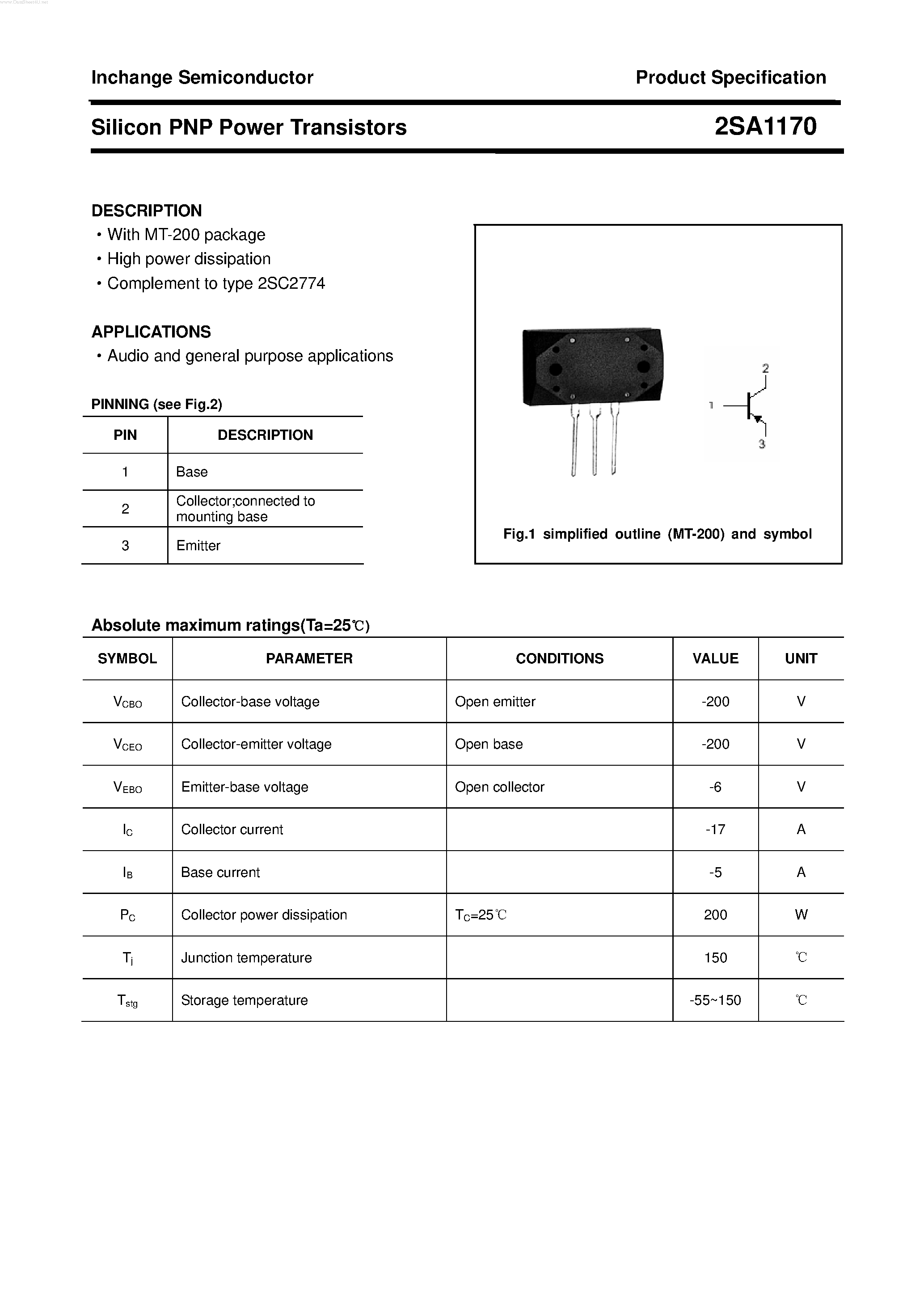 Datasheet 2SA1170 - POWER TRANSISTOR page 1