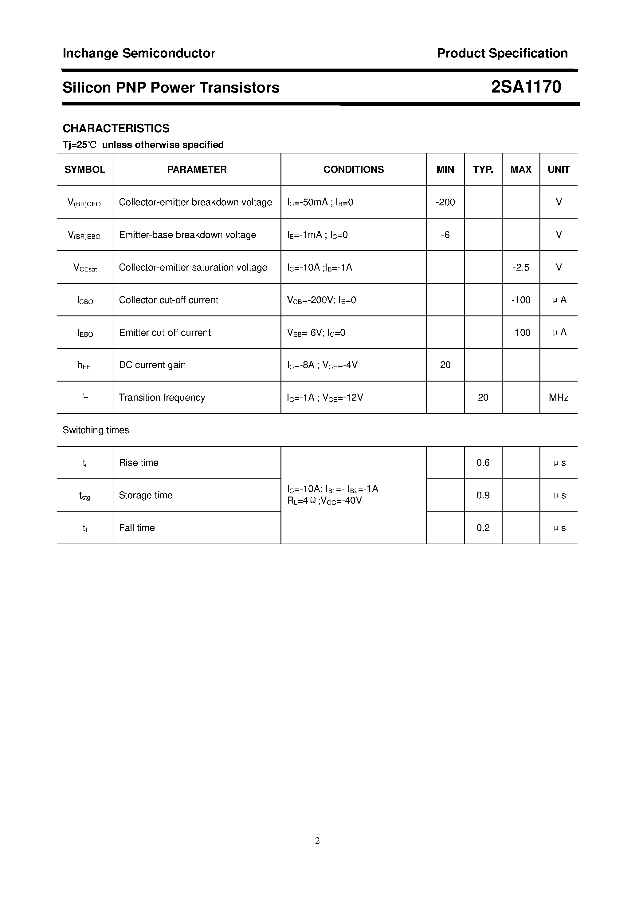 Datasheet 2SA1170 - POWER TRANSISTOR page 2