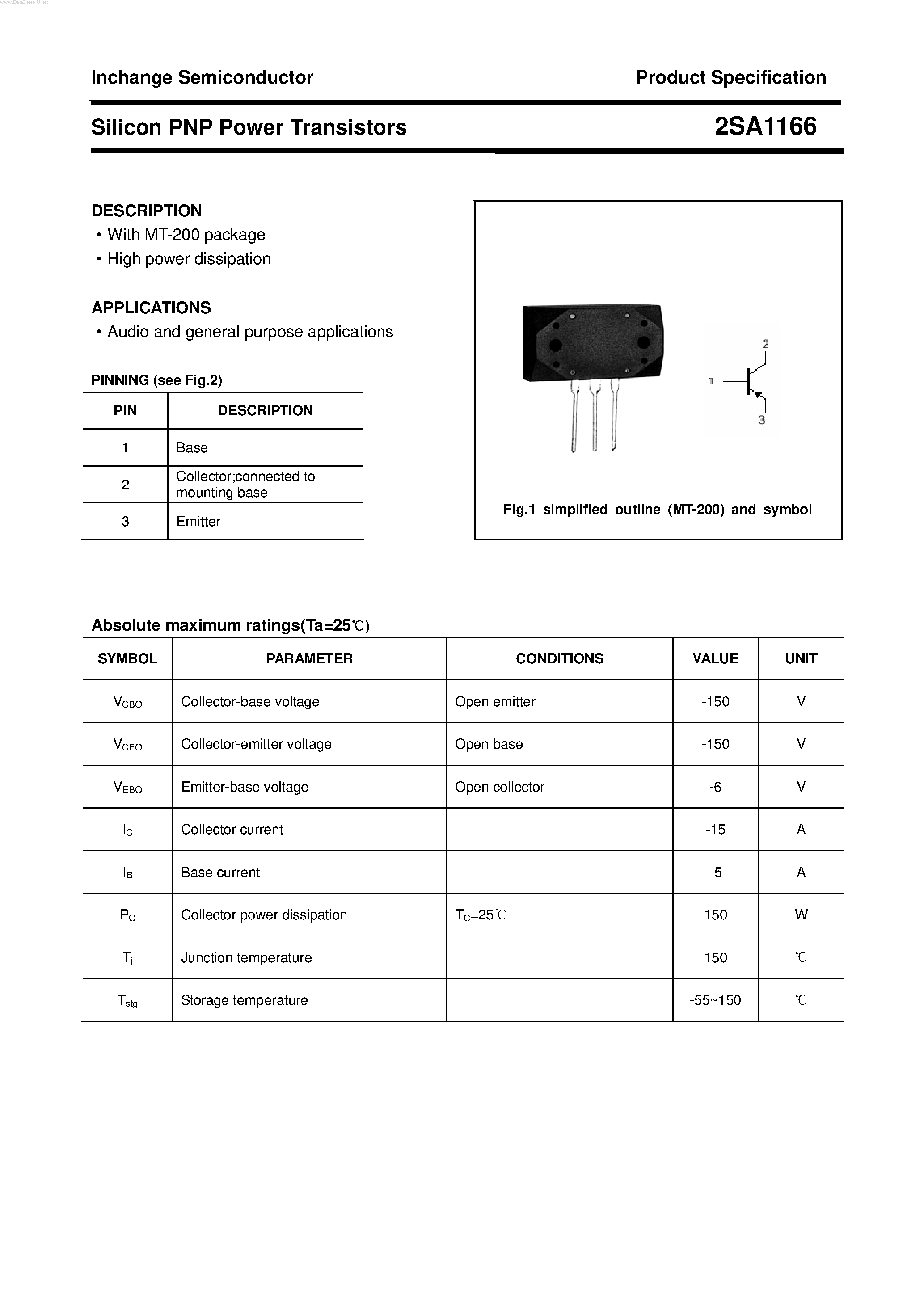Datasheet 2SA1166 - POWER TRANSISTOR page 1