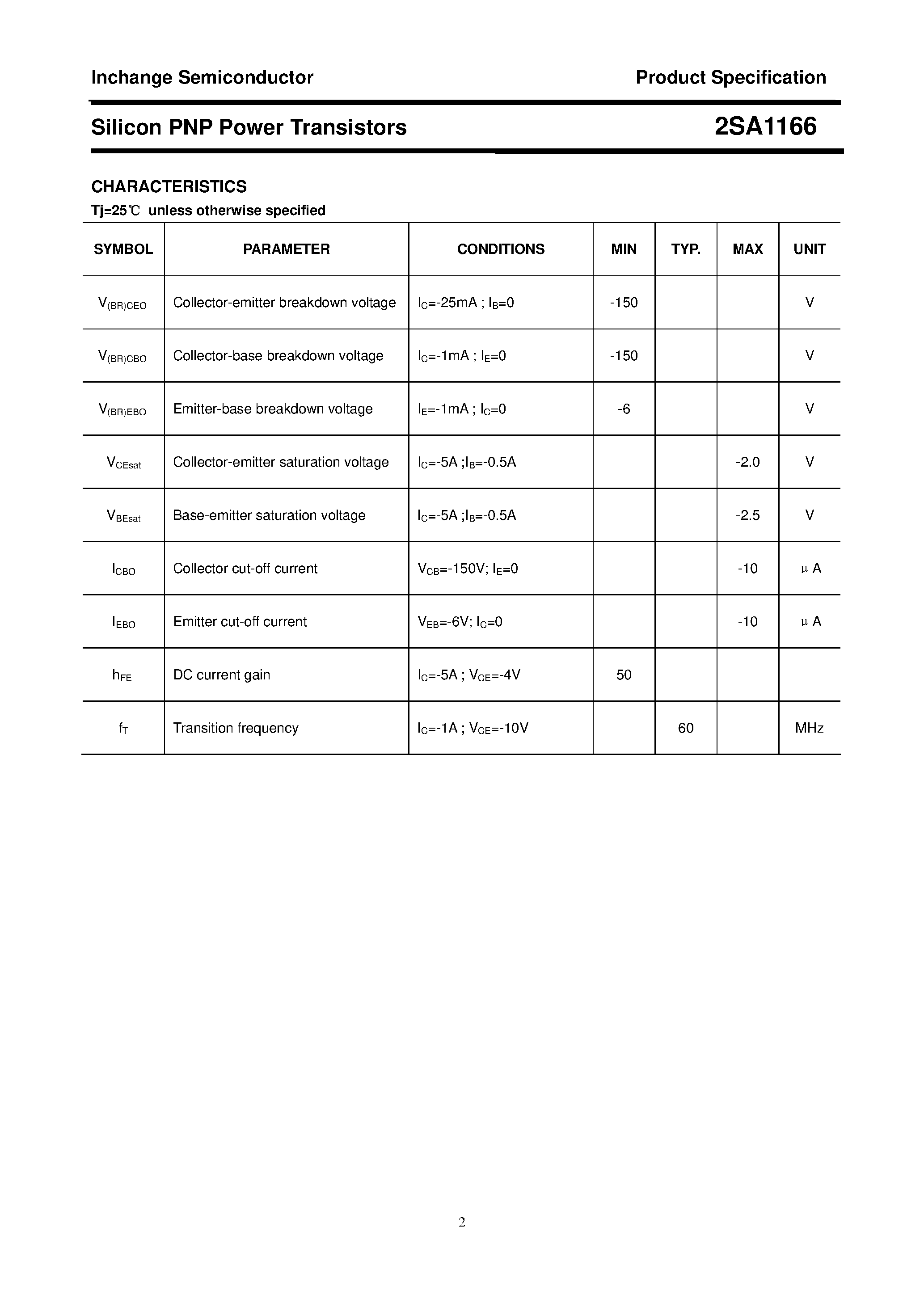 Datasheet 2SA1166 - POWER TRANSISTOR page 2