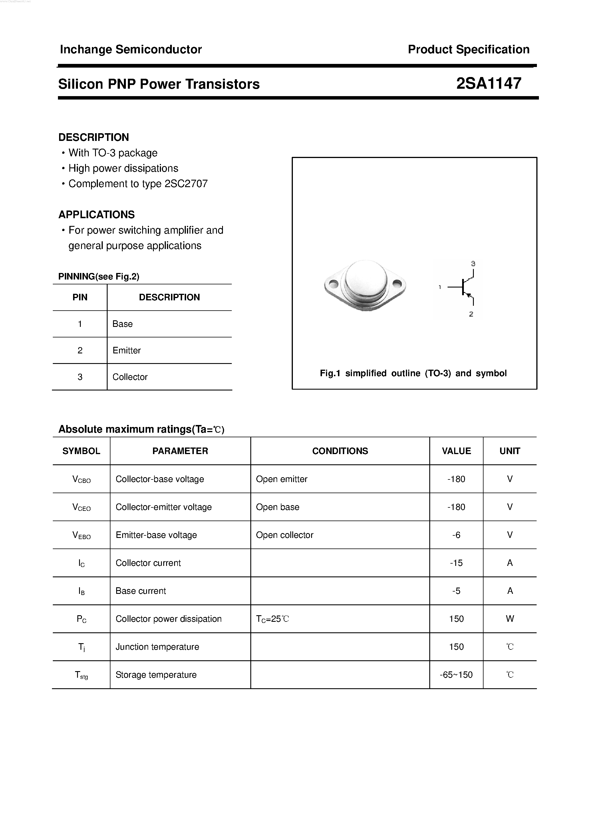 Datasheet 2SA1147 - POWER TRANSISTOR page 1
