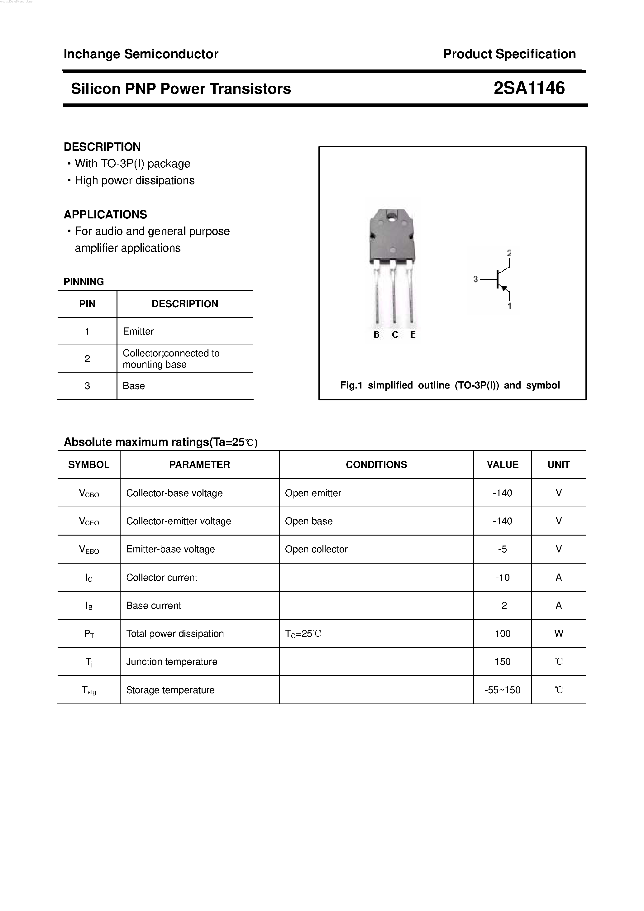 Datasheet 2SA1146 - POWER TRANSISTOR page 1
