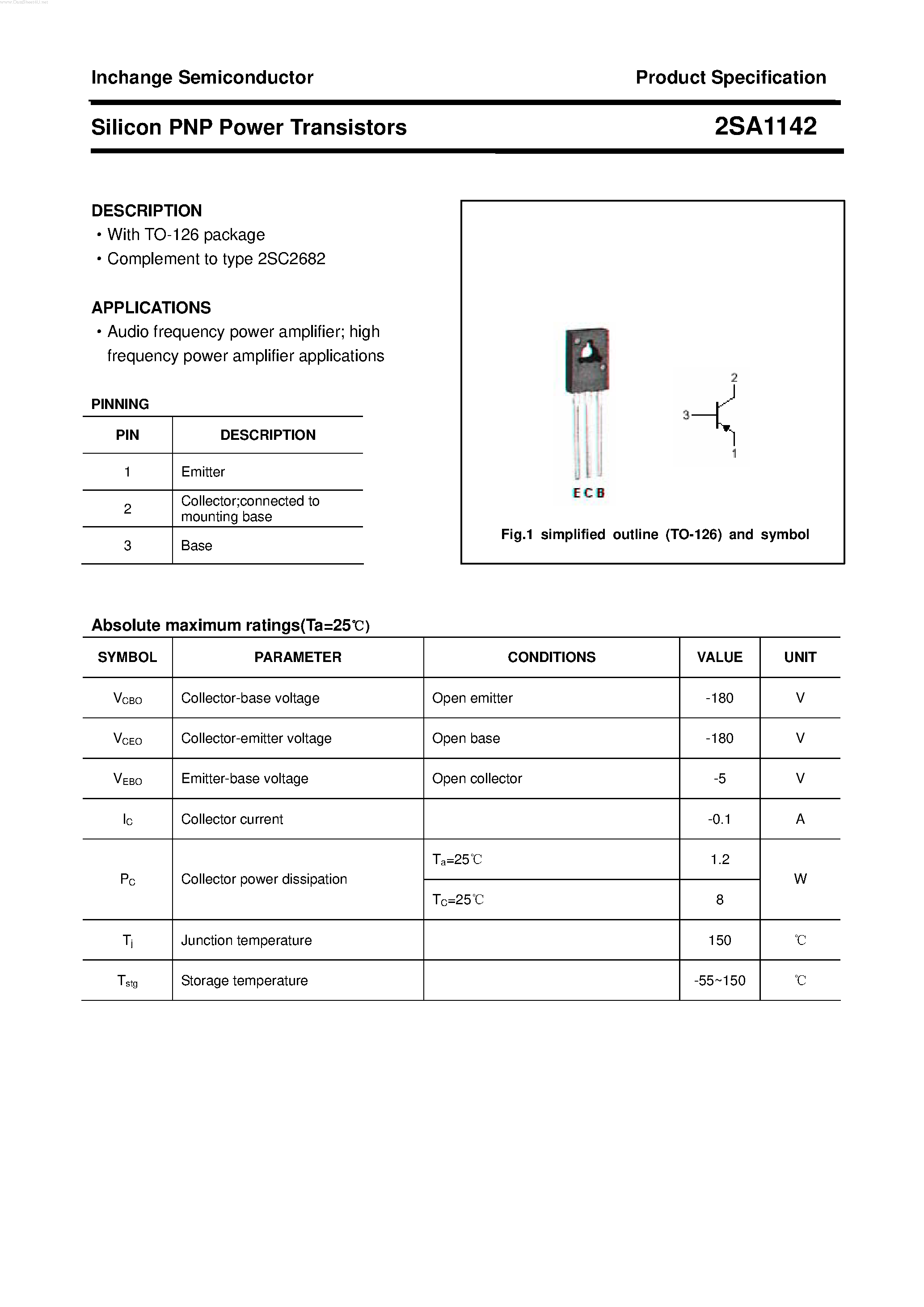 Datasheet 2SA1142 - POWER TRANSISTOR page 1