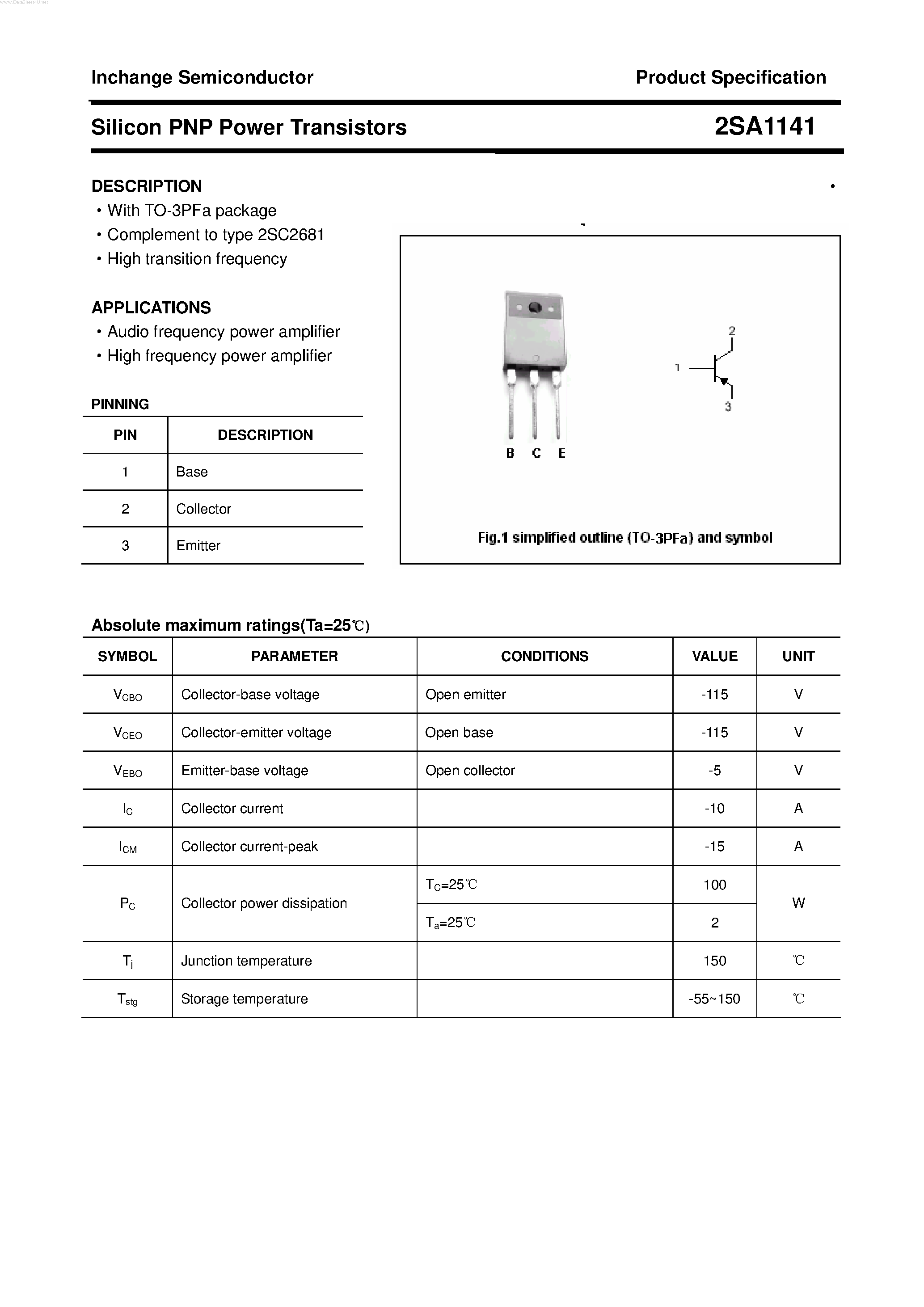 Datasheet 2SA1141 - POWER TRANSISTOR page 1