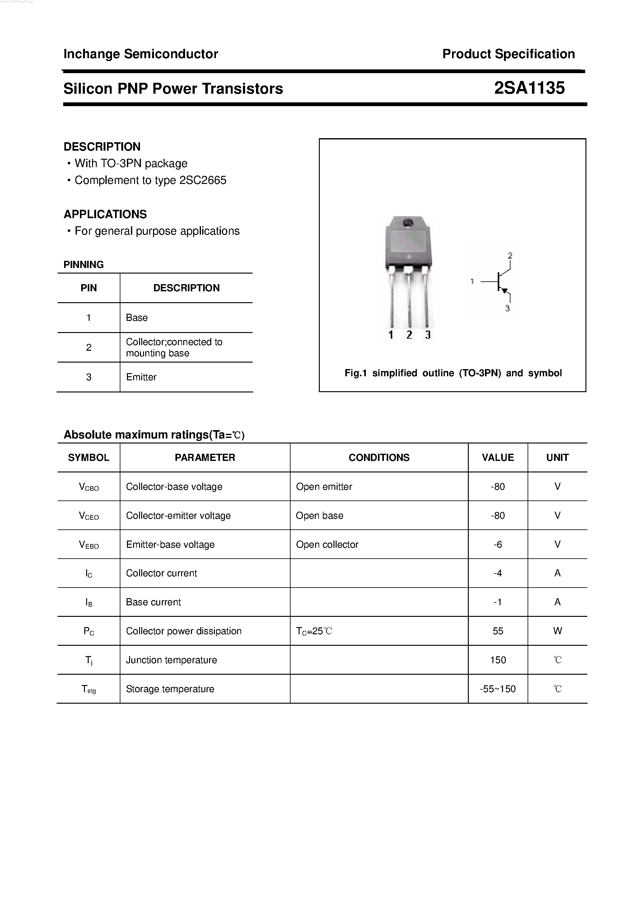 Datasheet 2SA1135 - POWER TRANSISTOR page 1