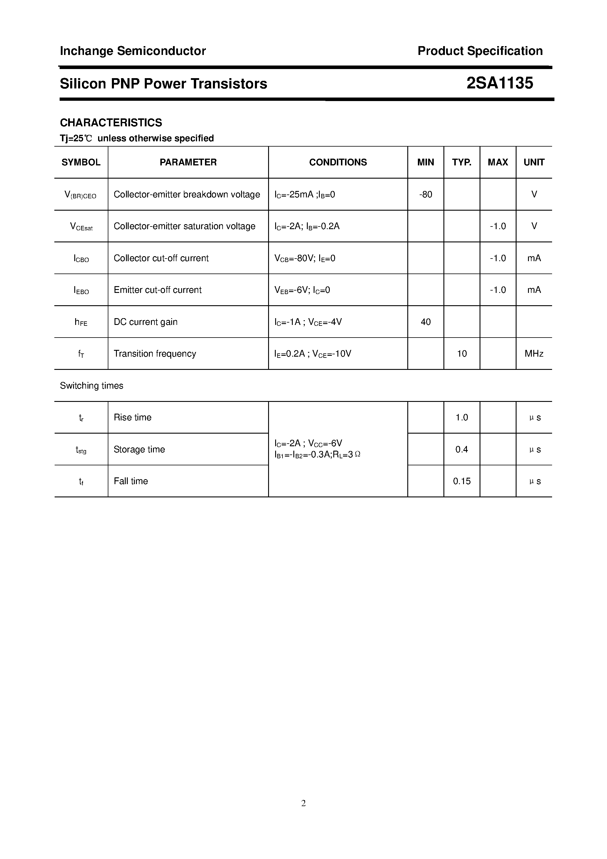 Datasheet 2SA1135 - POWER TRANSISTOR page 2