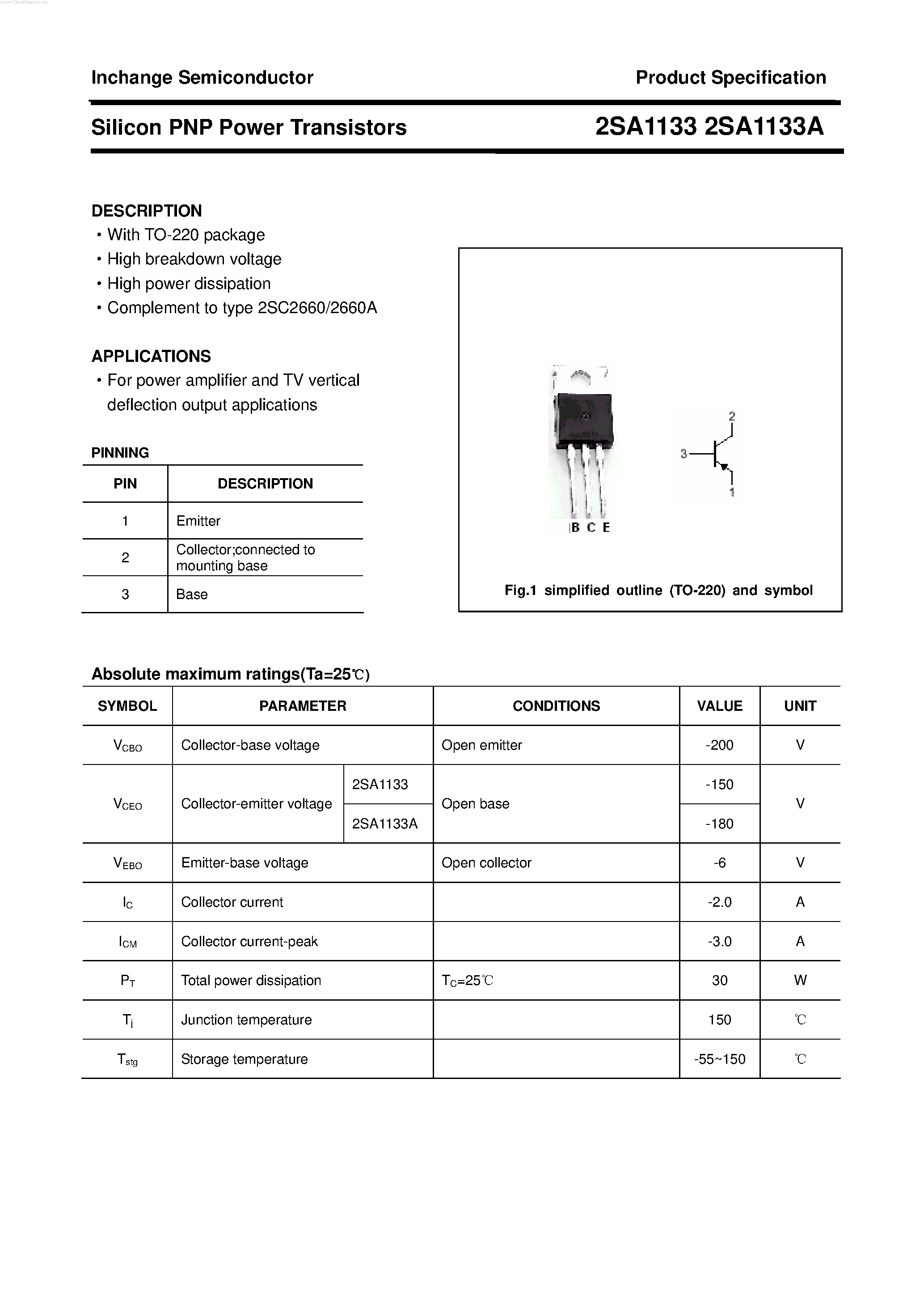 Datasheet 2SA1133 - POWER TRANSISTOR page 1