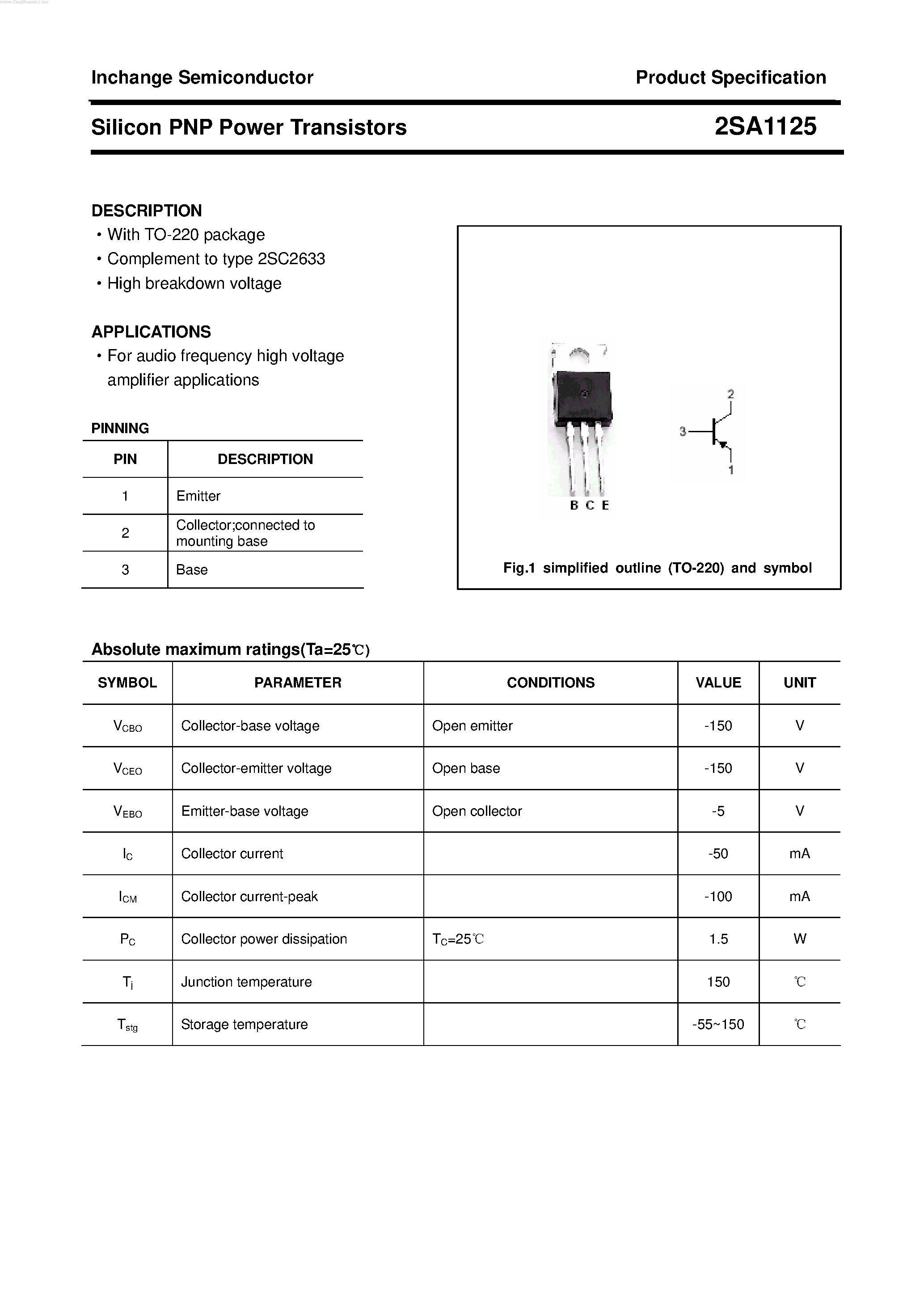 Datasheet 2SA1125 page 1 Datasheet 2SA1125 - POWER TRANSISTOR page 1