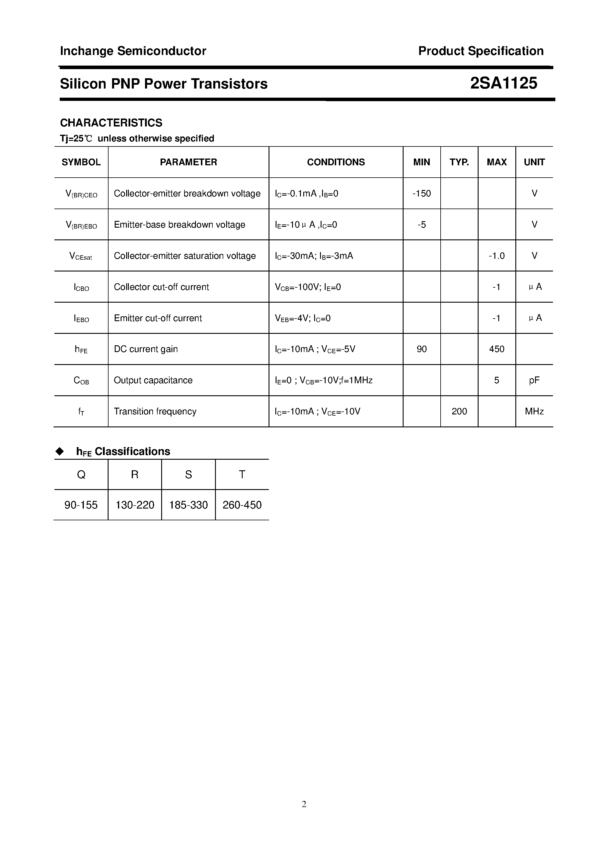 Datasheet 2SA1125 page 2 Datasheet 2SA1125 - POWER TRANSISTOR page 2