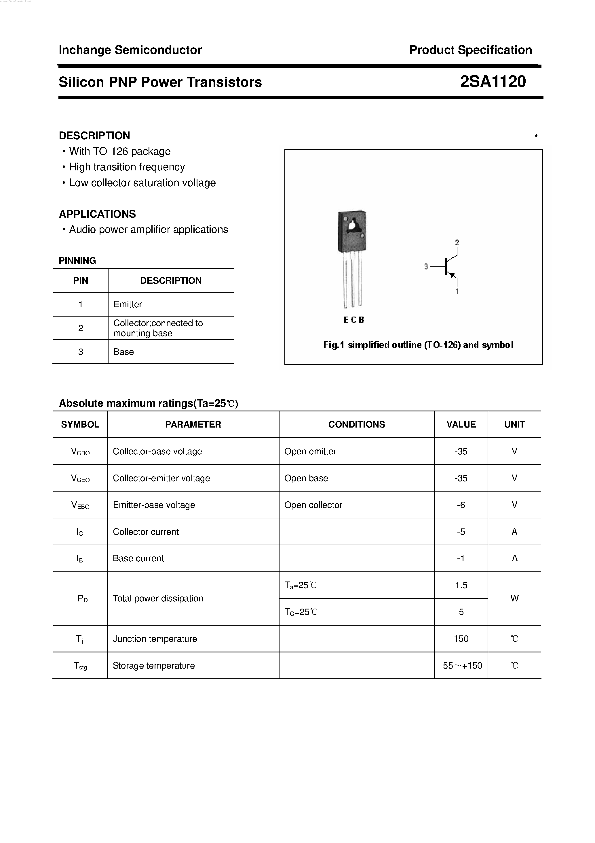 Datasheet 2SA1120 page 1 Datasheet 2SA1120 - POWER TRANSISTOR page 1