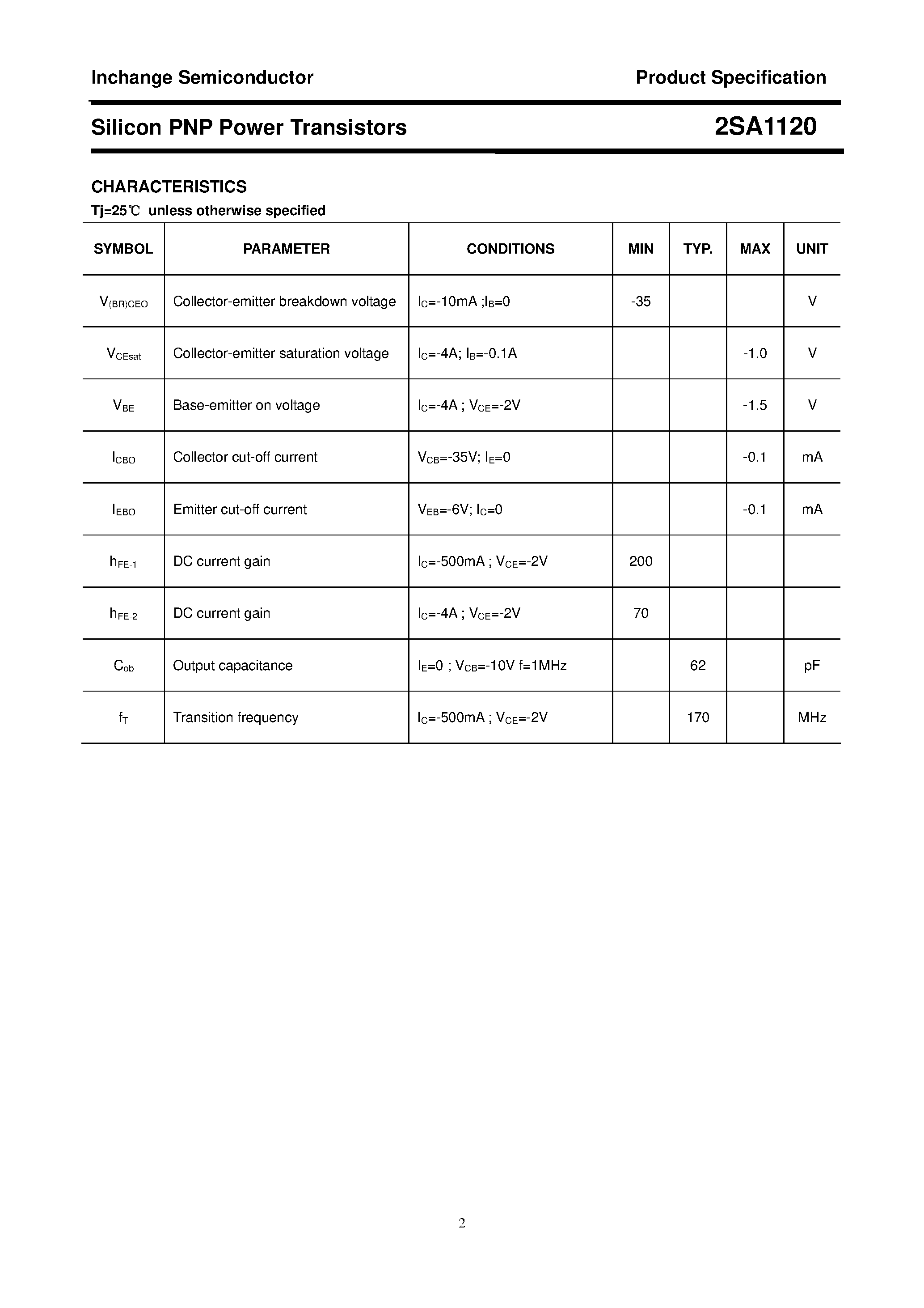 Datasheet 2SA1120 page 2 Datasheet 2SA1120 - POWER TRANSISTOR page 2