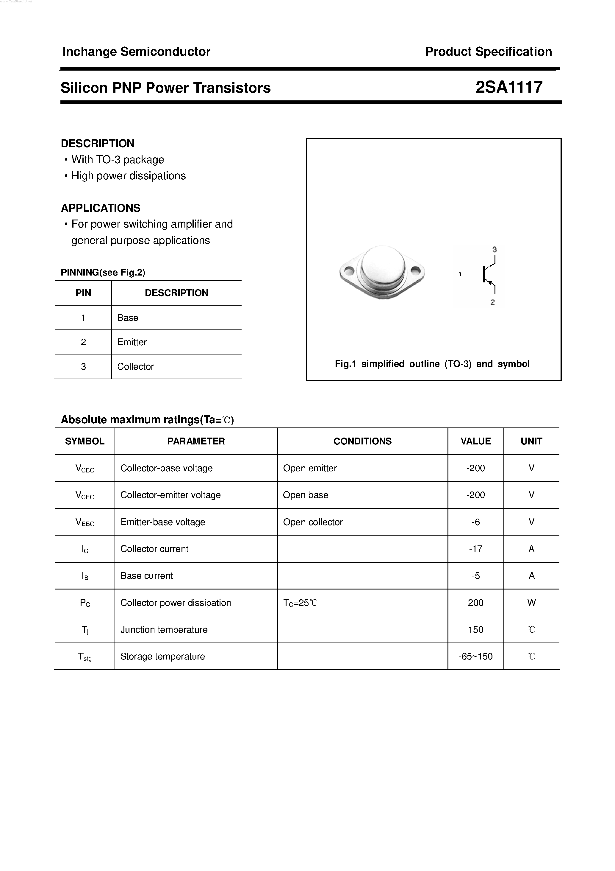 Datasheet 2SA1117 - POWER TRANSISTOR page 1