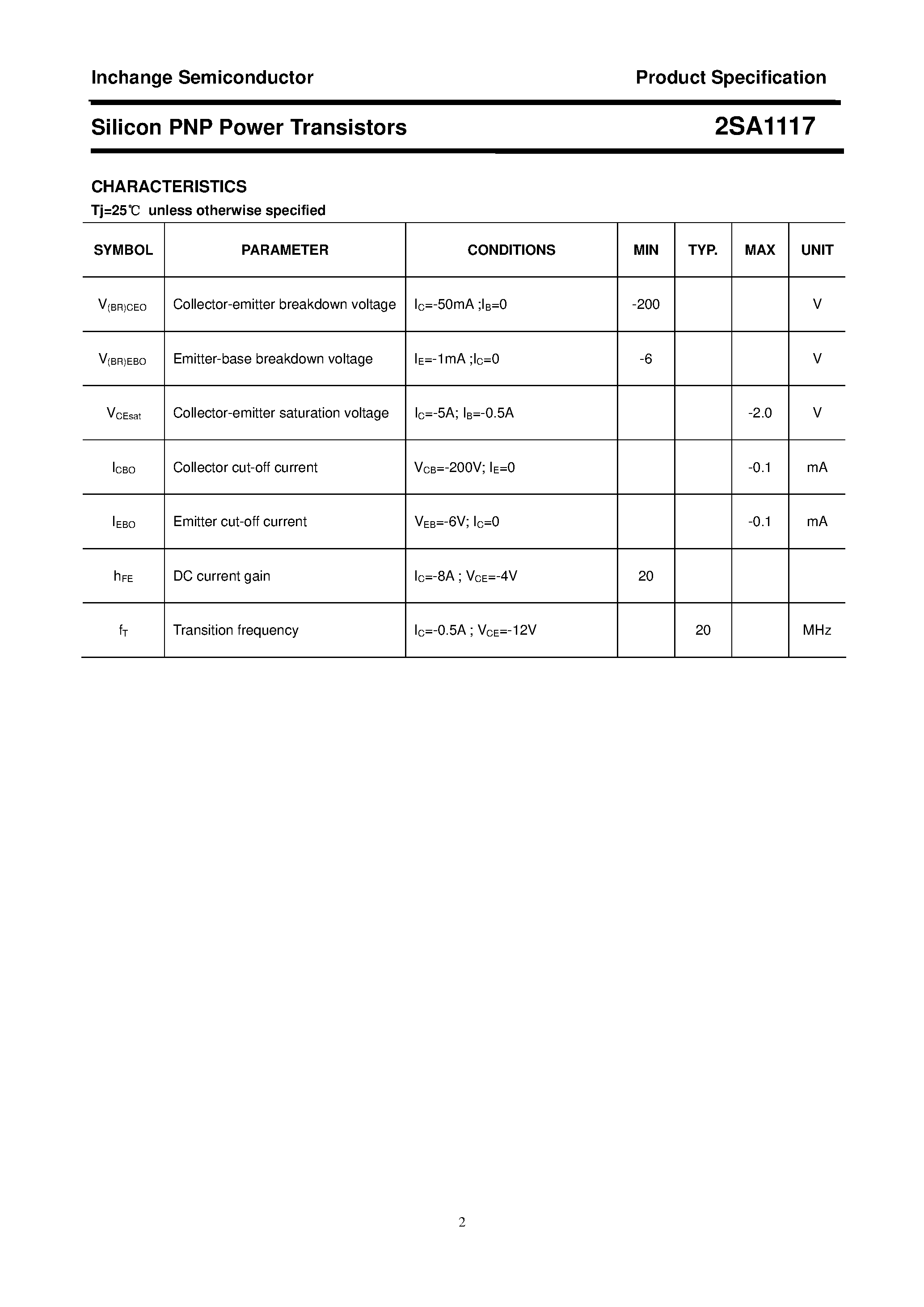 Datasheet 2SA1117 - POWER TRANSISTOR page 2