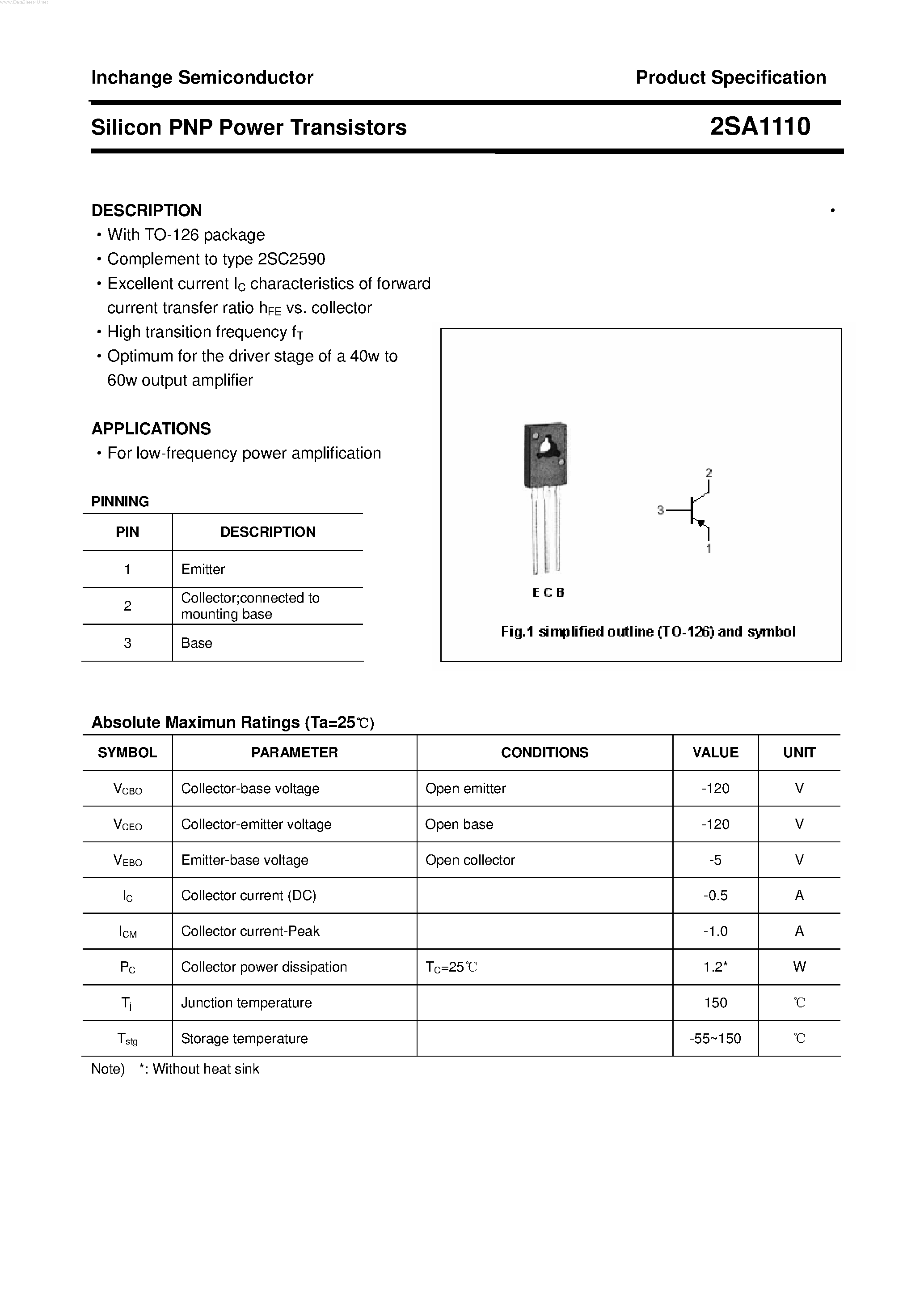 Datasheet 2SA1110 - POWER TRANSISTOR page 1