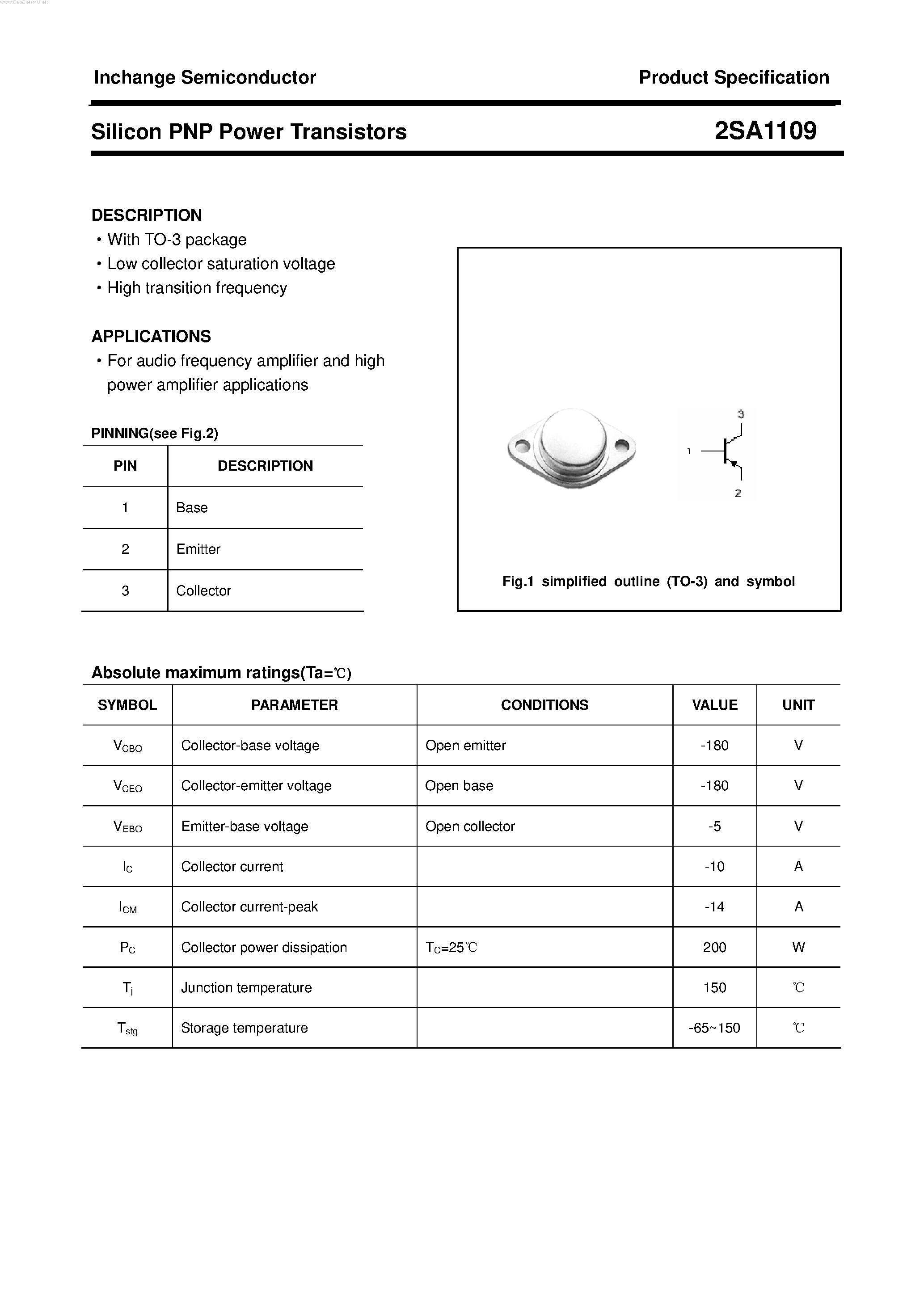 Datasheet 2SA1109 - POWER TRANSISTOR page 1