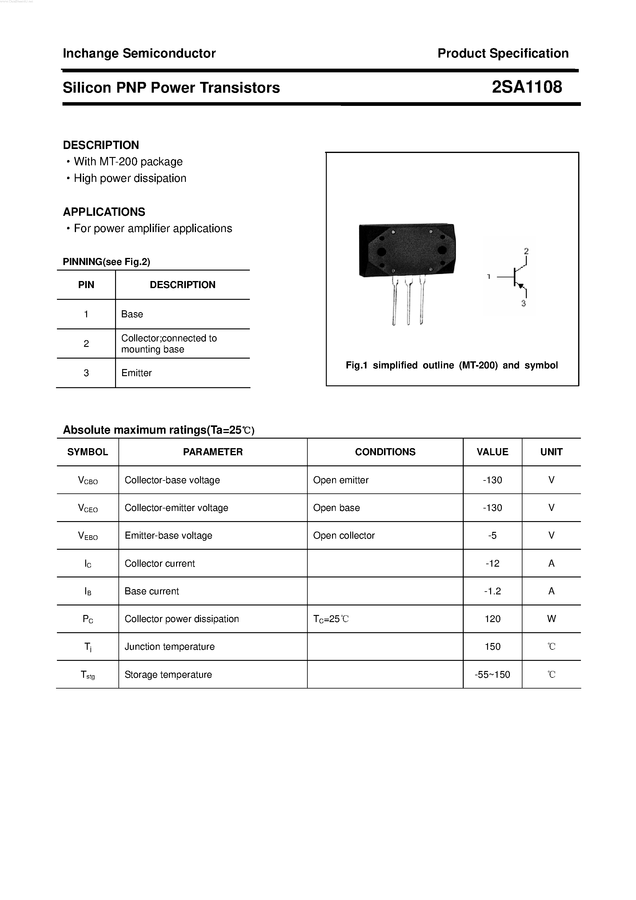 Datasheet 2SA1108 page 1 Datasheet 2SA1108 - POWER TRANSISTOR page 1