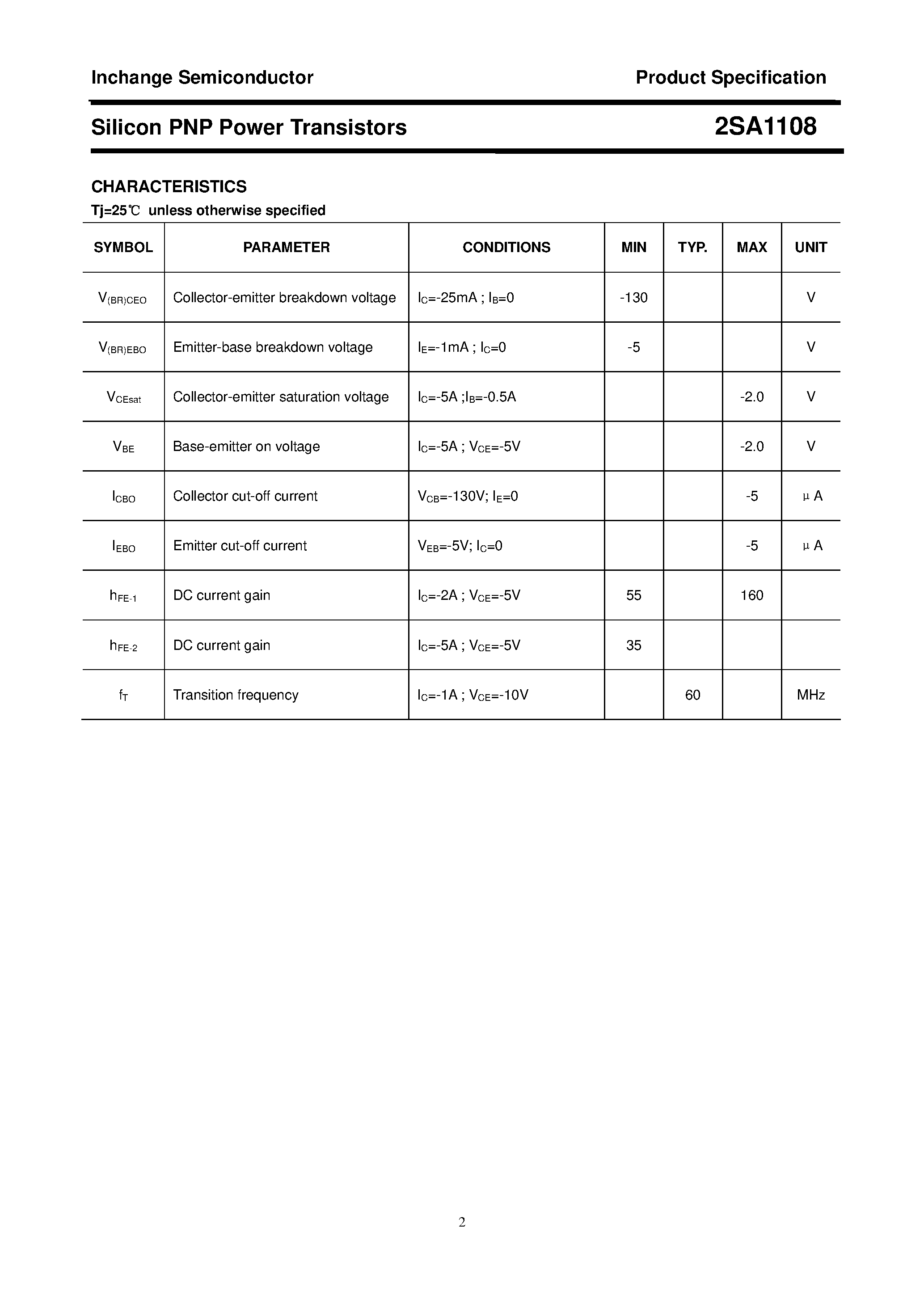 Datasheet 2SA1108 page 2 Datasheet 2SA1108 - POWER TRANSISTOR page 2