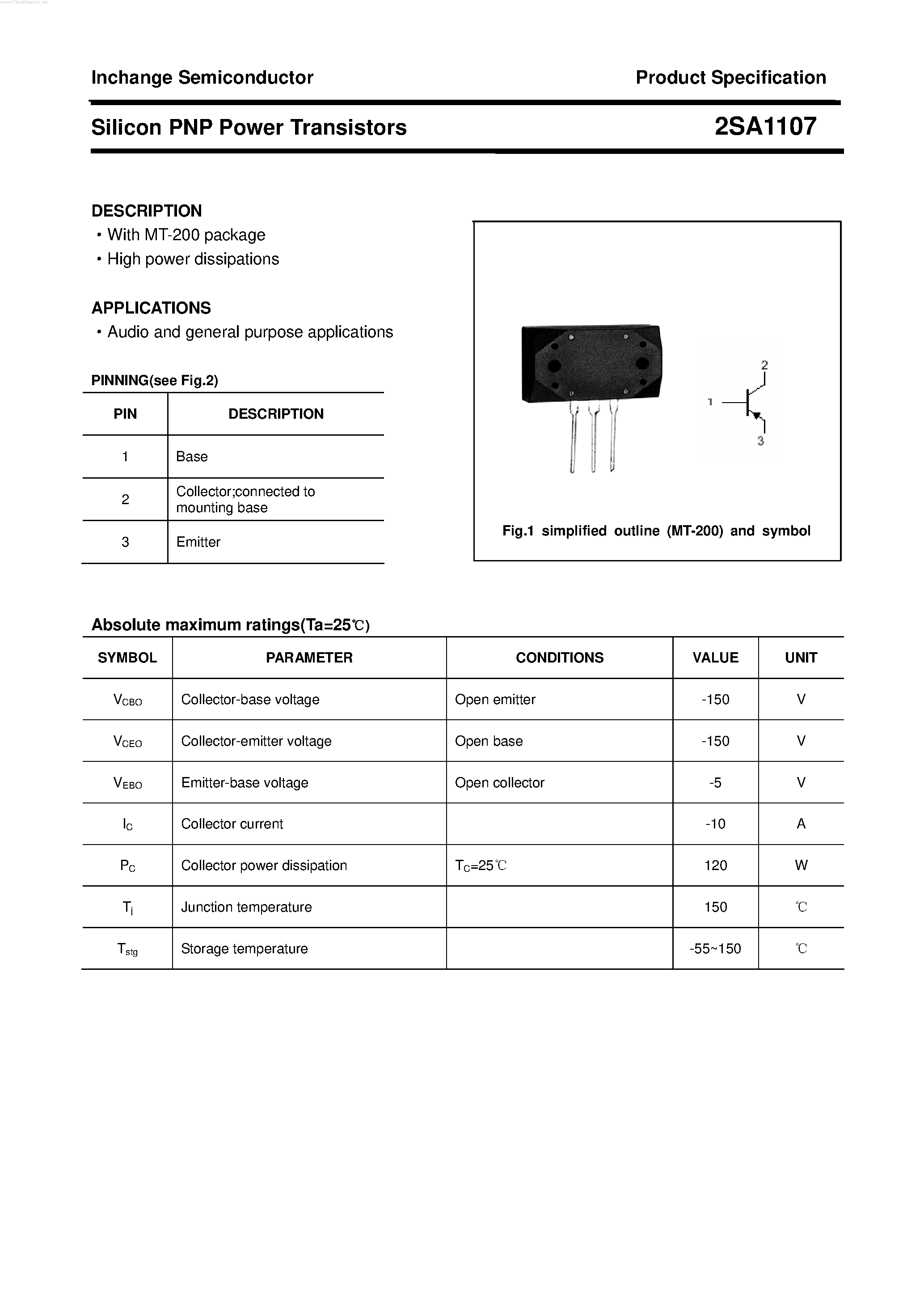Datasheet 2SA1107 page 1 Datasheet 2SA1107 - POWER TRANSISTOR page 1