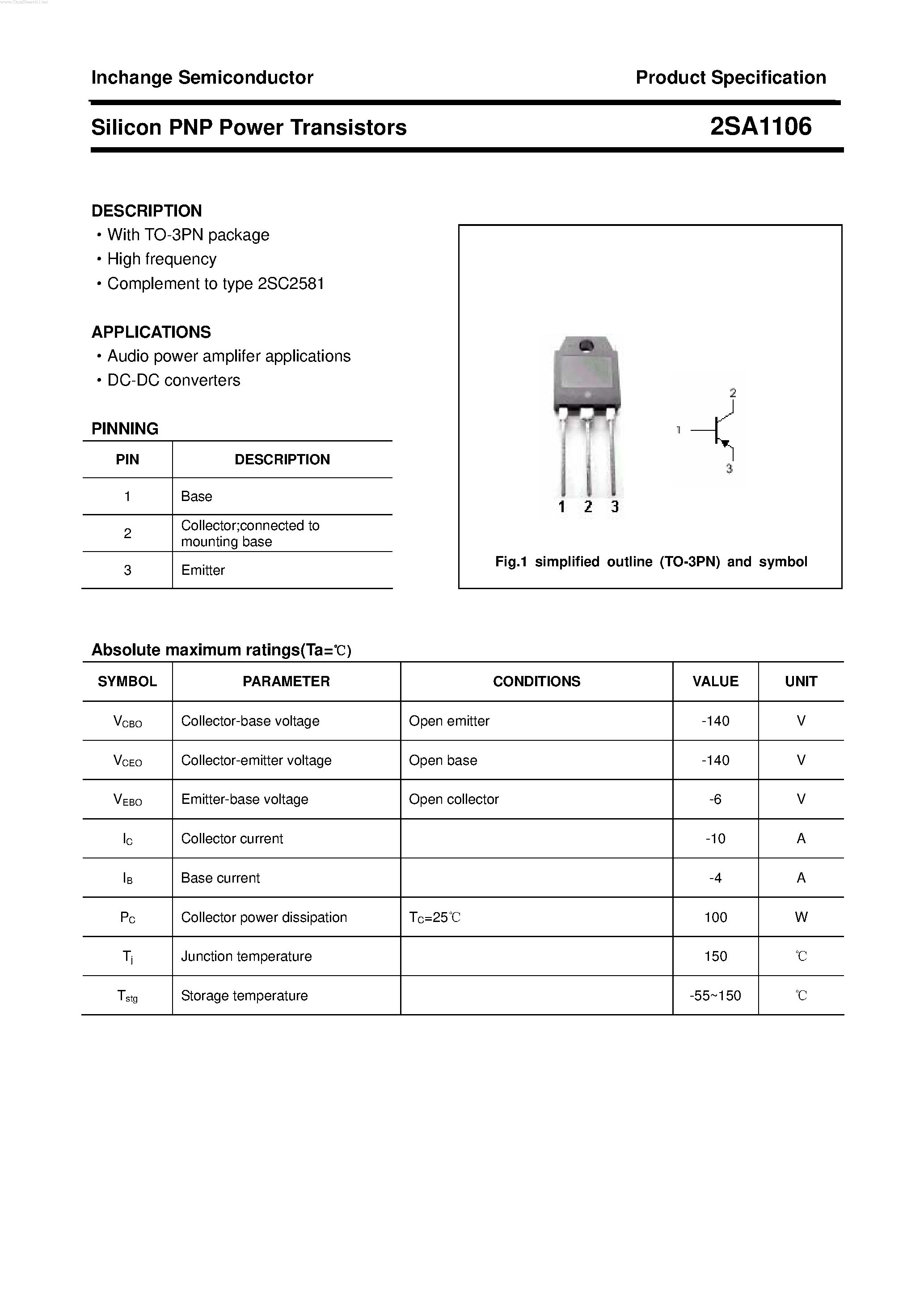 Datasheet 2SA1106 page 1 Datasheet 2SA1106 - POWER TRANSISTOR page 1