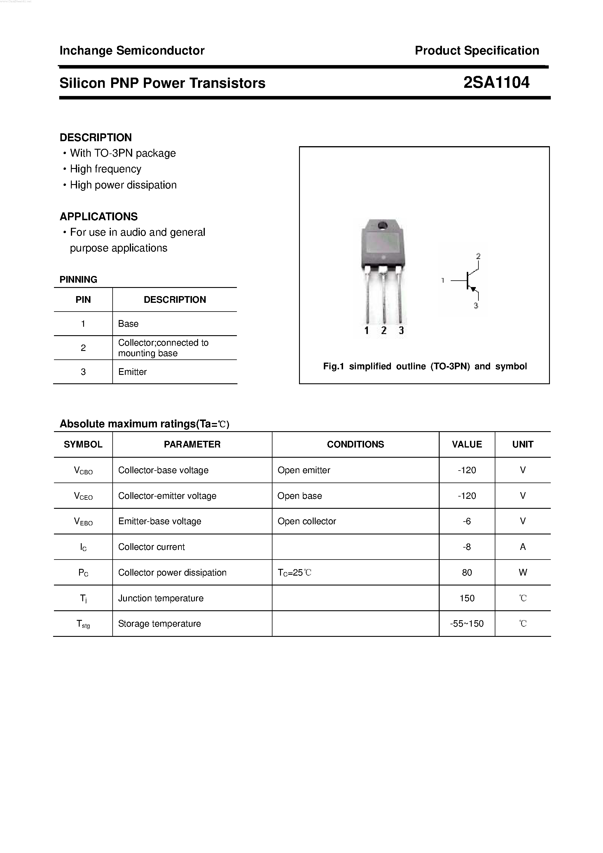 Datasheet 2SA1104 page 1 Datasheet 2SA1104 - POWER TRANSISTOR page 1