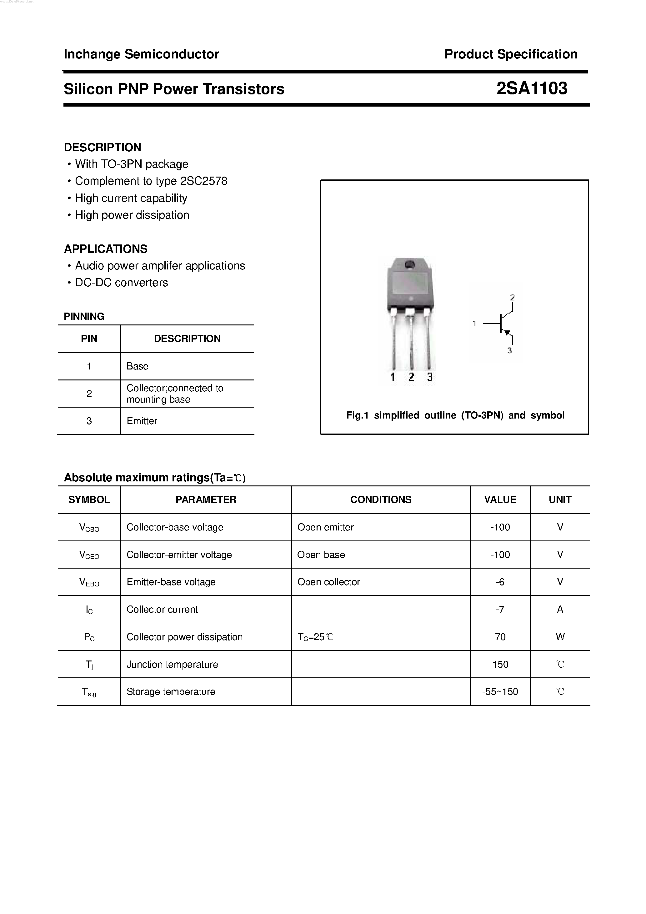 Datasheet 2SA1103 - POWER TRANSISTOR page 1