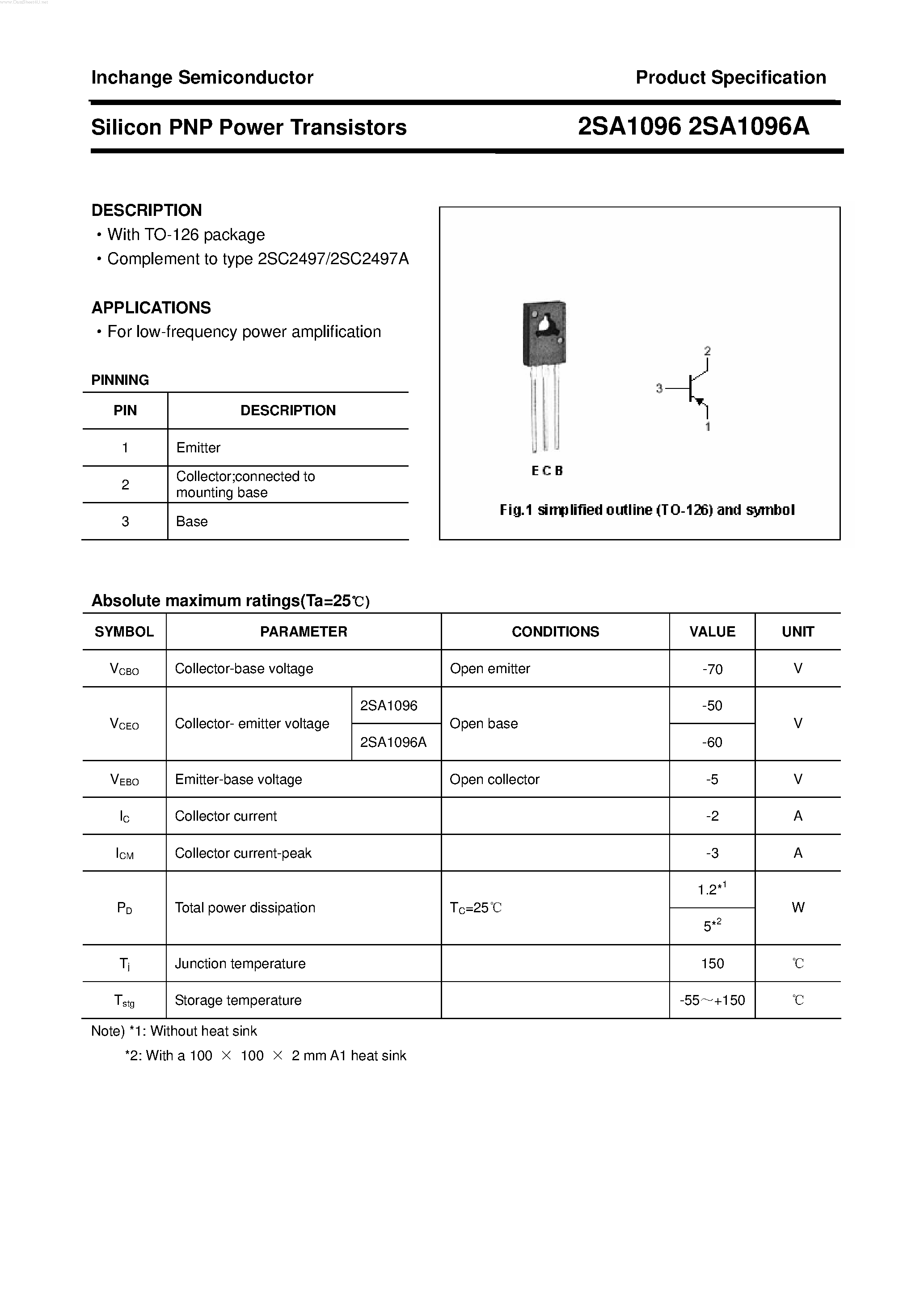 Datasheet 2SA1096 - POWER TRANSISTOR page 1