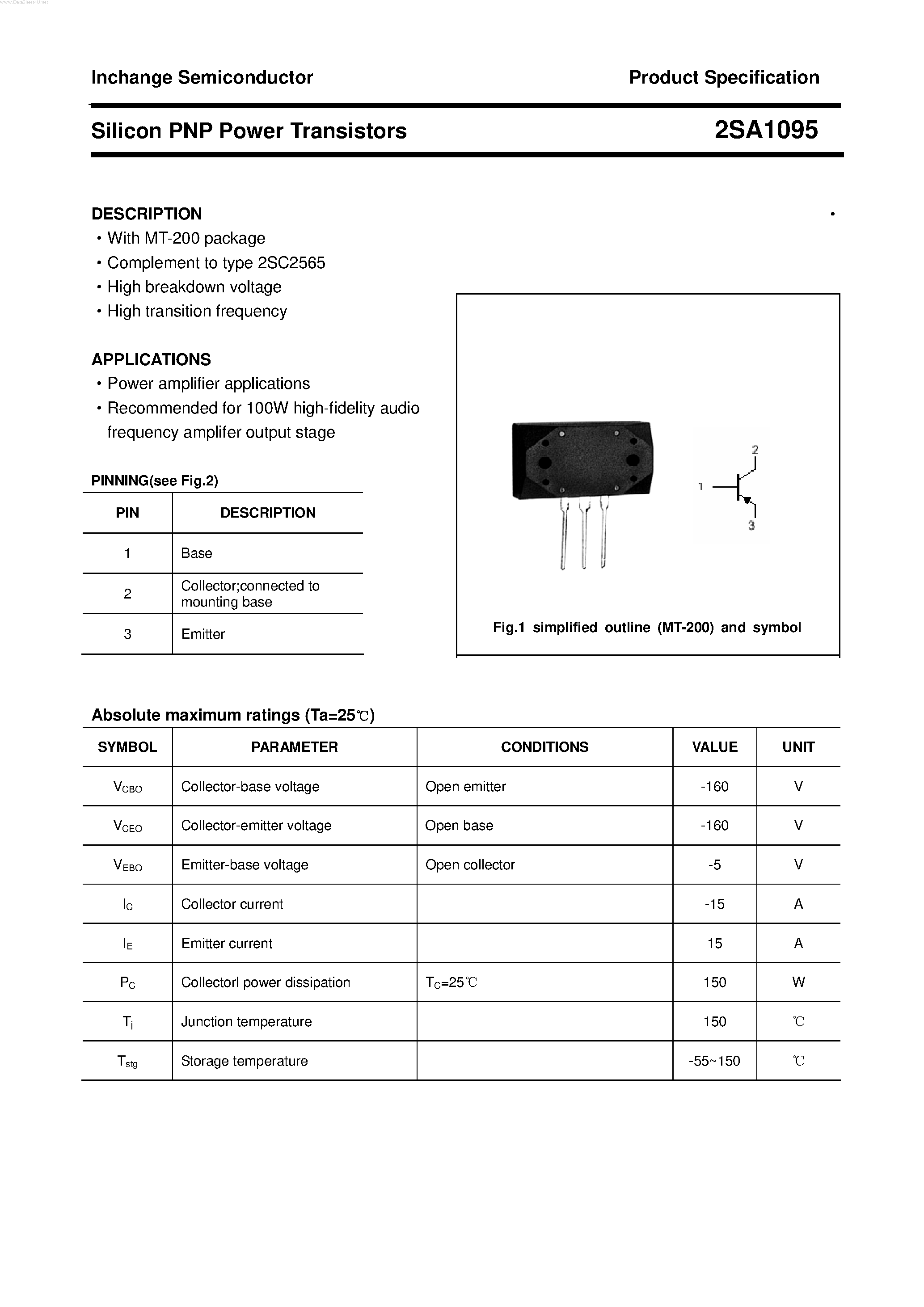 Datasheet 2SA1095 page 1 Datasheet 2SA1095 - POWER TRANSISTOR page 1