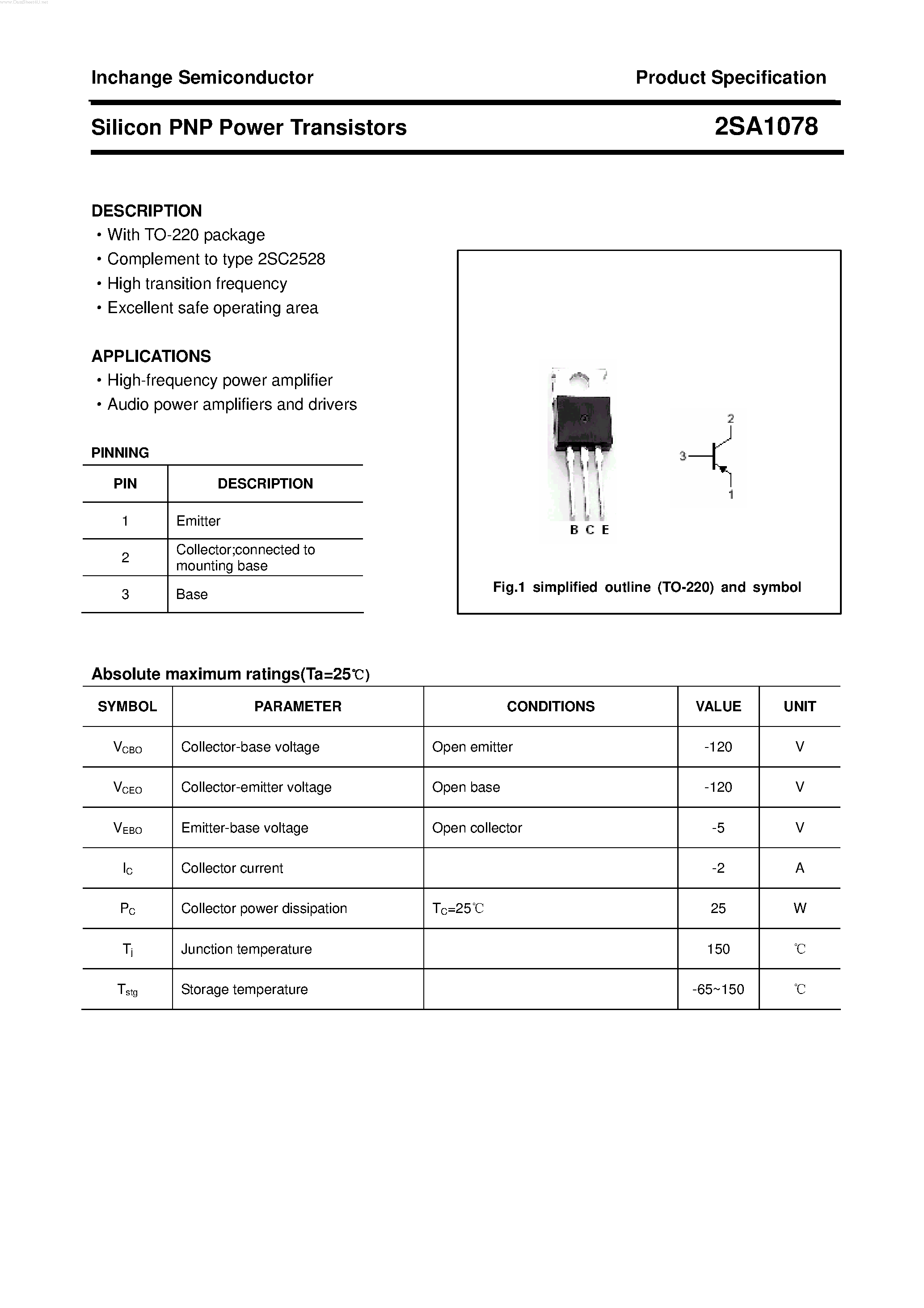 Datasheet 2SA1078 - POWER TRANSISTOR page 1