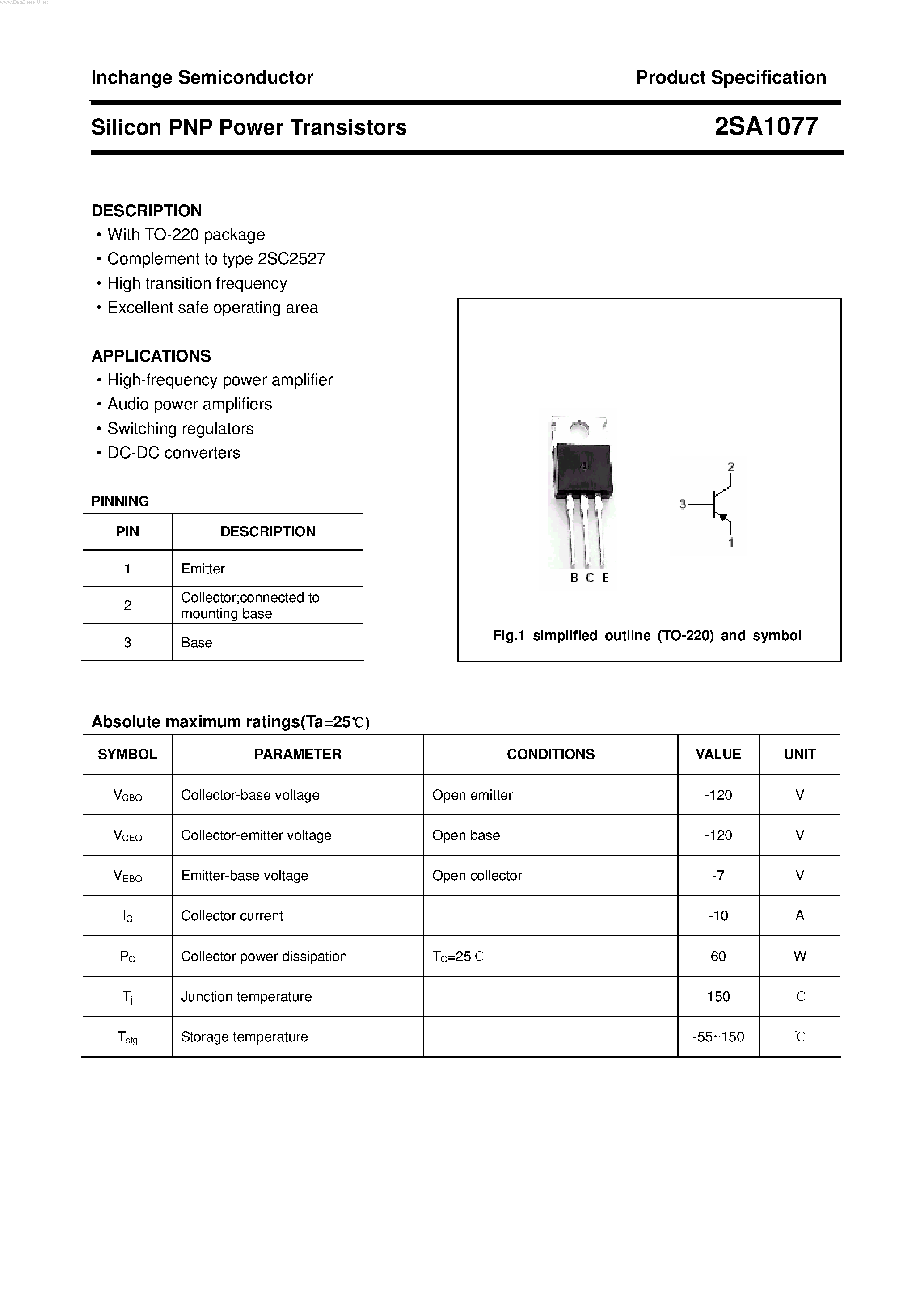 Datasheet 2SA1077 page 1 Datasheet 2SA1077 - POWER TRANSISTOR page 1